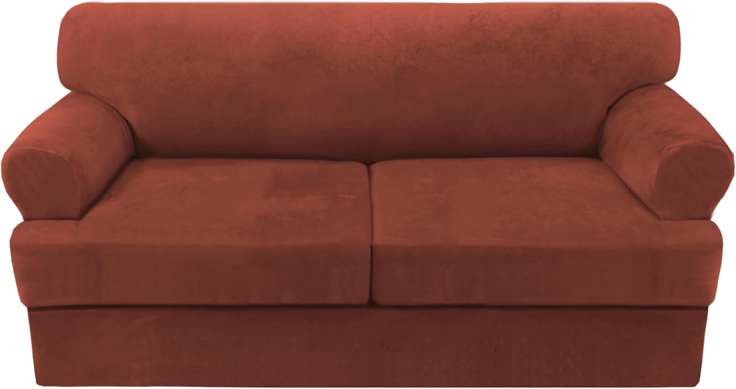 H.VERSAILTEX Sofa Cover 2 Piece T Cushion Armchair Slipcovers Thick Velvet Couch Cover Furniture Protector Stretch T Cushion Sofa Covers for 1 Cushion Couch with 1 Individual T Cushion Covers, Ivory