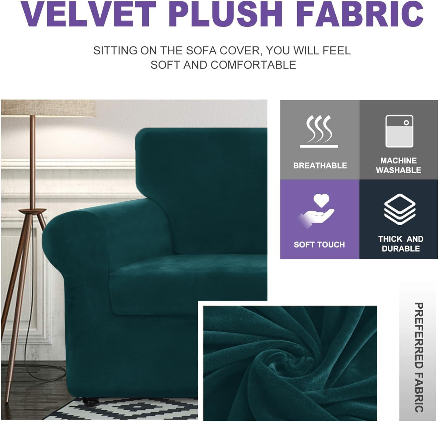 ZNSAYOTX Luxury Velvet Chair Slipcovers with Arms 2 Piece Stretch Chair Covers for Living Room Soft Armchair Slipcover Anti Slip Dog Pet Friendly Furniture Protector (Deep Teal),30"-47"(1 Cushion)