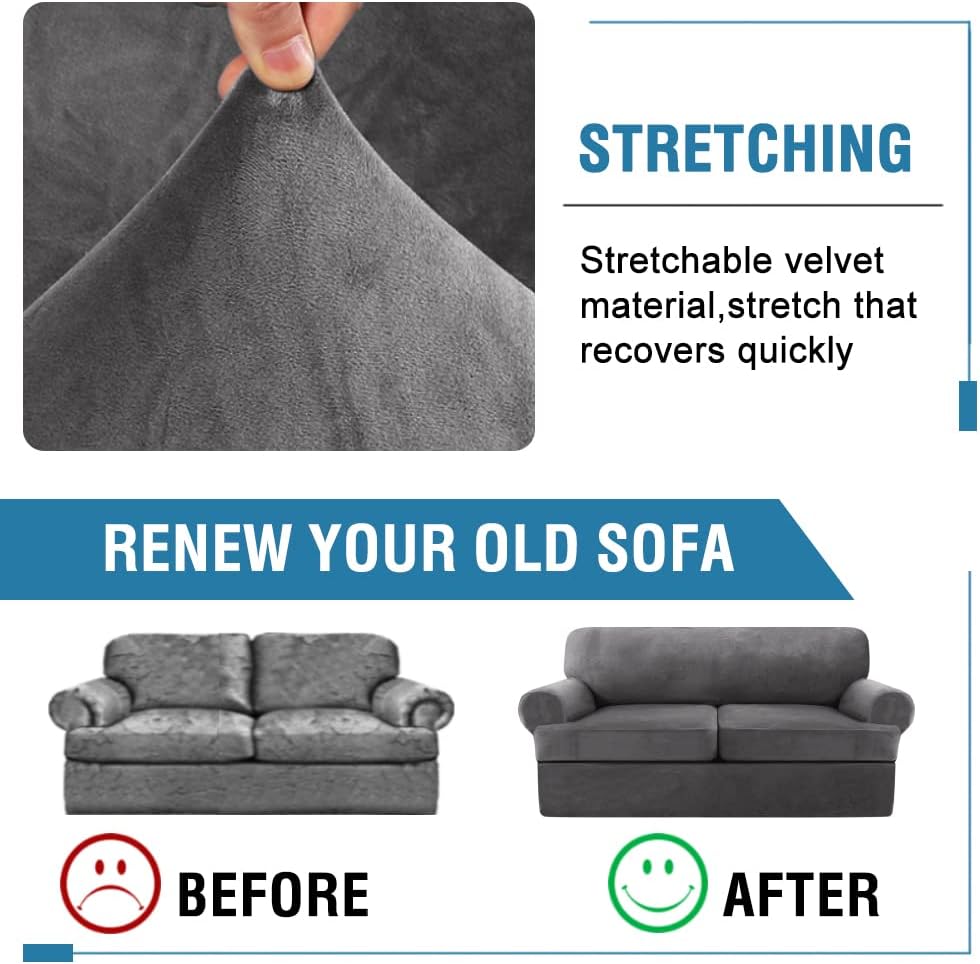 H.VERSAILTEX Sofa Cover 2 Piece T Cushion Armchair Slipcovers Thick Velvet Couch Cover Furniture Protector Stretch T Cushion Sofa Covers for 1 Cushion Couch with 1 Individual T Cushion Covers, Ivory