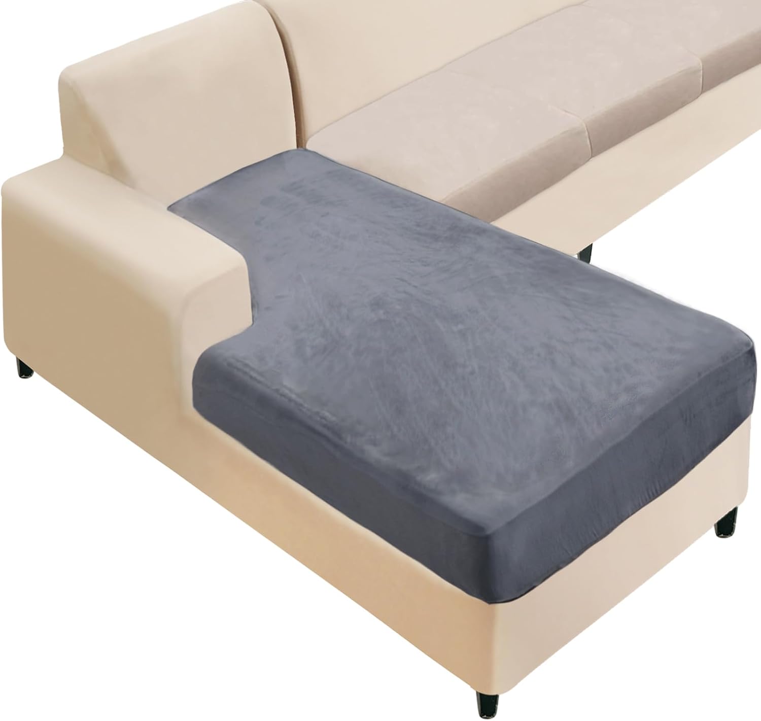 NAISI Sectional Couch Cover 4 Pieces Velvet Separate Couch Cushion Covers L Shape Soft Stretch Sofa Slipcovers with 2pcs Pillowcases for Left/Right Chaise Sectional Couch(3 Seater+1 Chaise,Dark Grey)