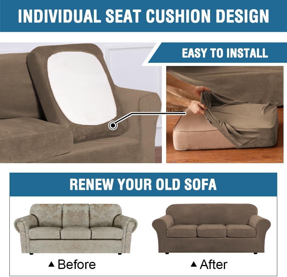 H.VERSAILTEX Rich Velvet Stretch 2 Piece Cover Chair Slipcover Sofa Cover Furniture Protector Couch Soft with Elastic Bottom Chair Couch Cover with Arms Width Up to 49 Inch(Chair, Ivory)