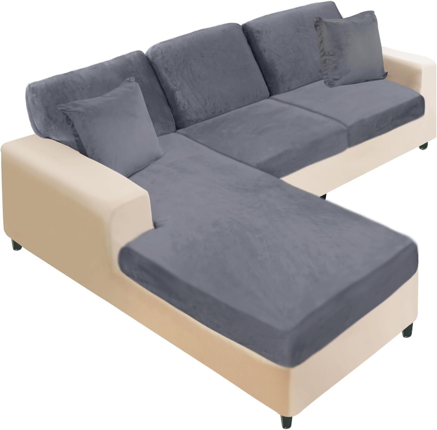 NAISI Sectional Couch Cover 4 Pieces Velvet Separate Couch Cushion Covers L Shape Soft Stretch Sofa Slipcovers with 2pcs Pillowcases for Left/Right Chaise Sectional Couch(3 Seater+1 Chaise,Dark Grey)