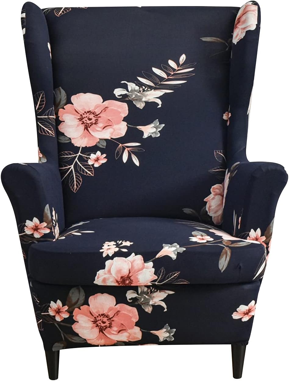 Wing Chair Slipcovers 2 Pieces Stretch Spandex Wingback Chair Covers Sofa Slipcover Printing Wingback Armchair Slipcovers Furniture Protector Couch Soft with Elastic Bottom for Wingback Chairs,12