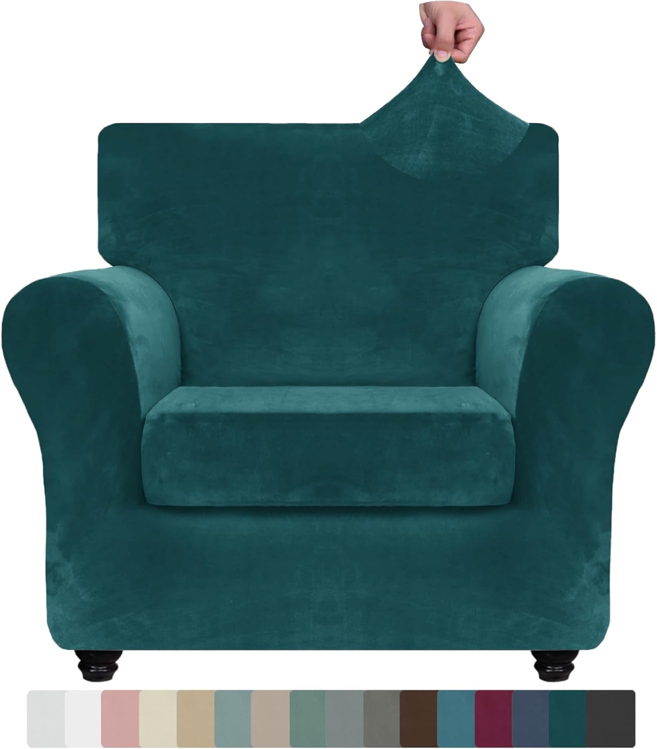 ZNSAYOTX Luxury Velvet Chair Slipcovers with Arms 2 Piece Stretch Chair Covers for Living Room Soft Armchair Slipcover Anti Slip Dog Pet Friendly Furniture Protector (Deep Teal),30"-47"(1 Cushion)