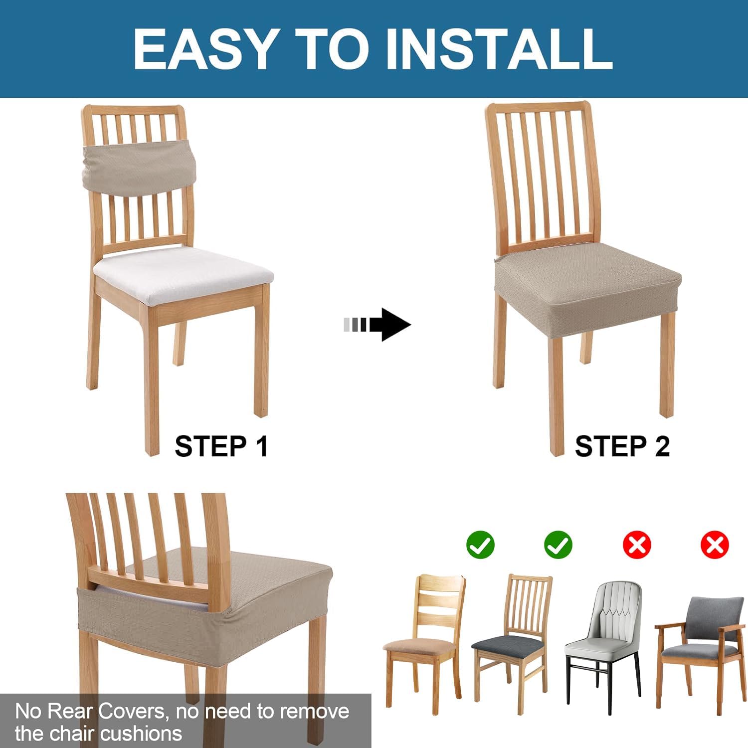 Smiry Waterproof Seat Covers for Dining Room Chairs Set of 4, Stretch Jacquard Removable Washable Chair Seat Slipcovers Protector, No Rear Covers, Beige