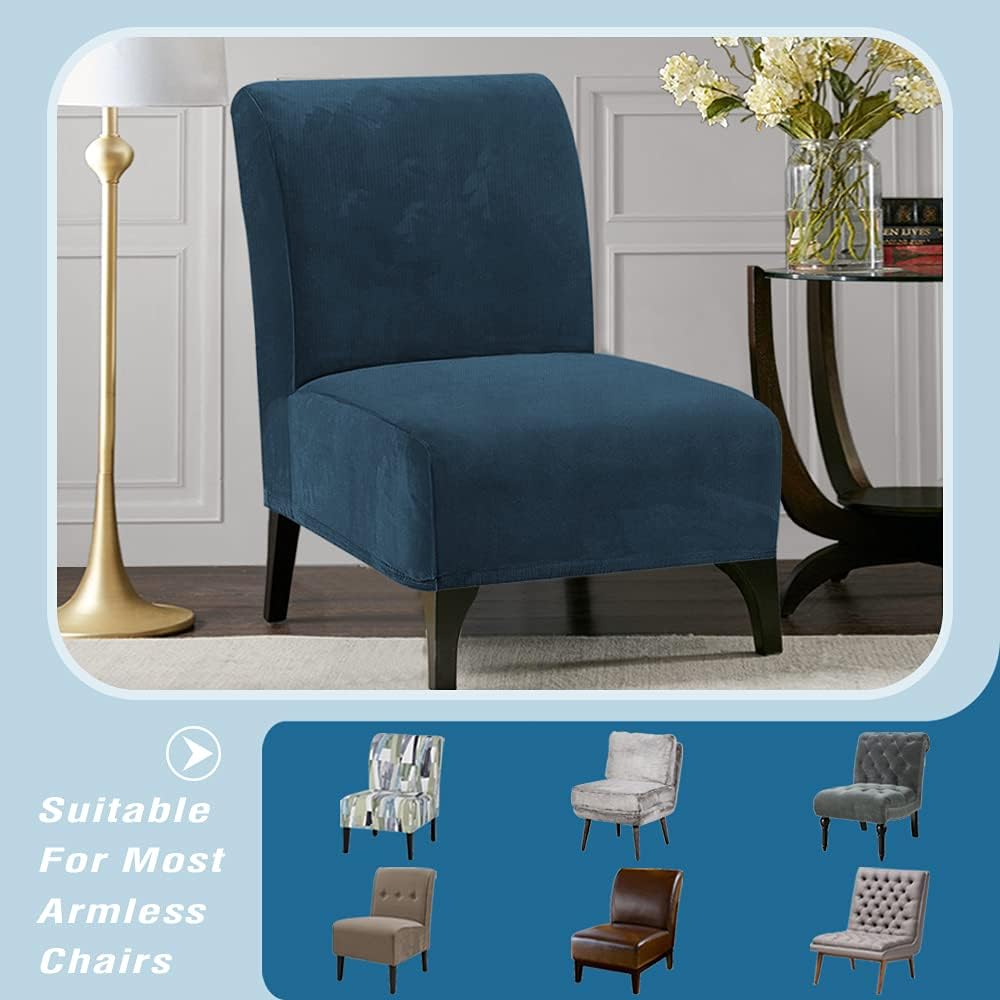 H.VERSAILTEX Armless Accent Chair Covers Thick Velvet Armless Chair Slipcovers High Stretch Chair Covers for Living Room Hotel Machine Washable Furniture Protector with Elastic Bottom, Ivory