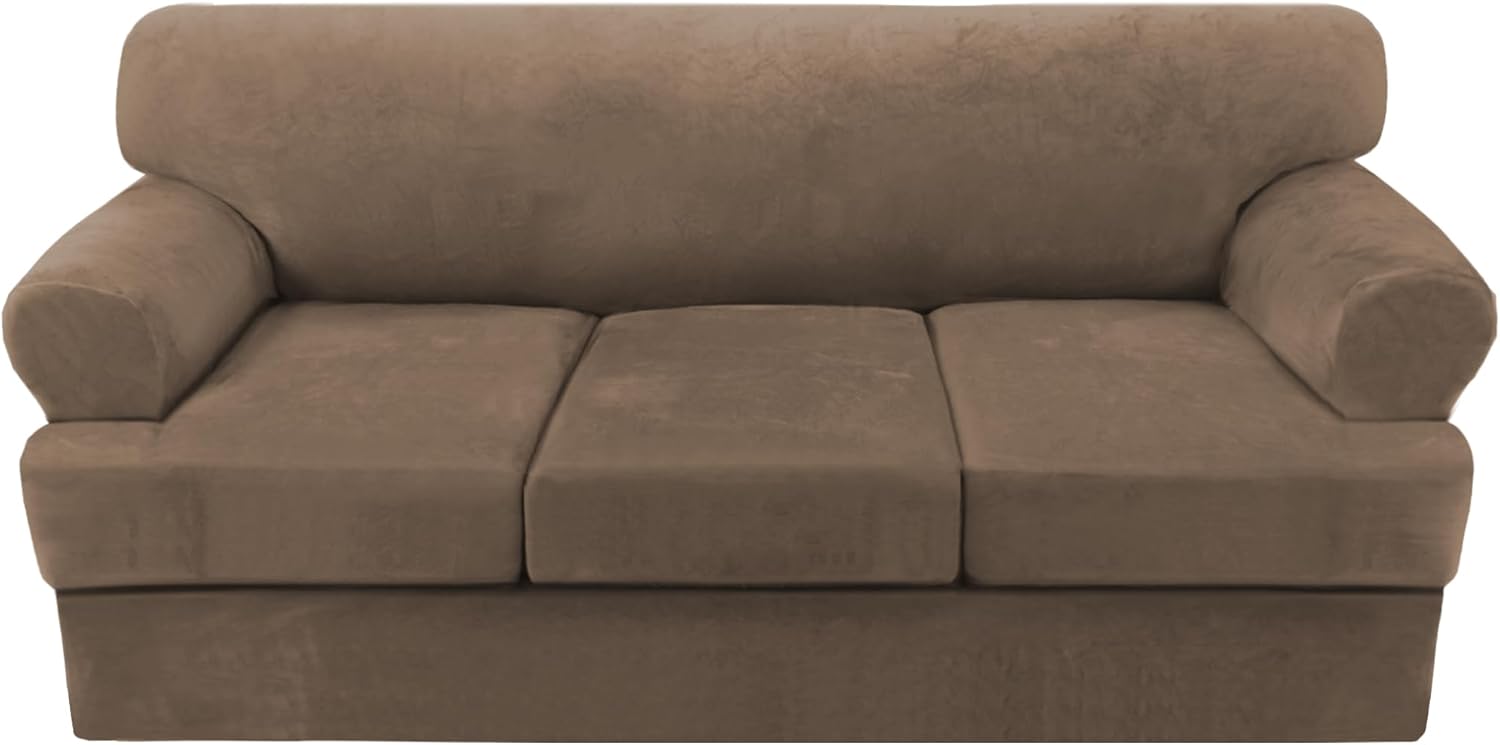 H.VERSAILTEX Sofa Cover 2 Piece T Cushion Armchair Slipcovers Thick Velvet Couch Cover Furniture Protector Stretch T Cushion Sofa Covers for 1 Cushion Couch with 1 Individual T Cushion Covers, Ivory