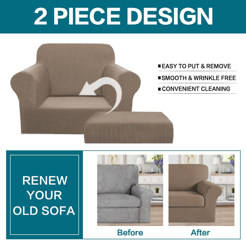 Turquoize 2 Piece Chair Covers for Living Room Armchair Cover Armchair Slipcovers with Arms Feature Thick Jacquard Fabric (Chair,Biscotti Beige)