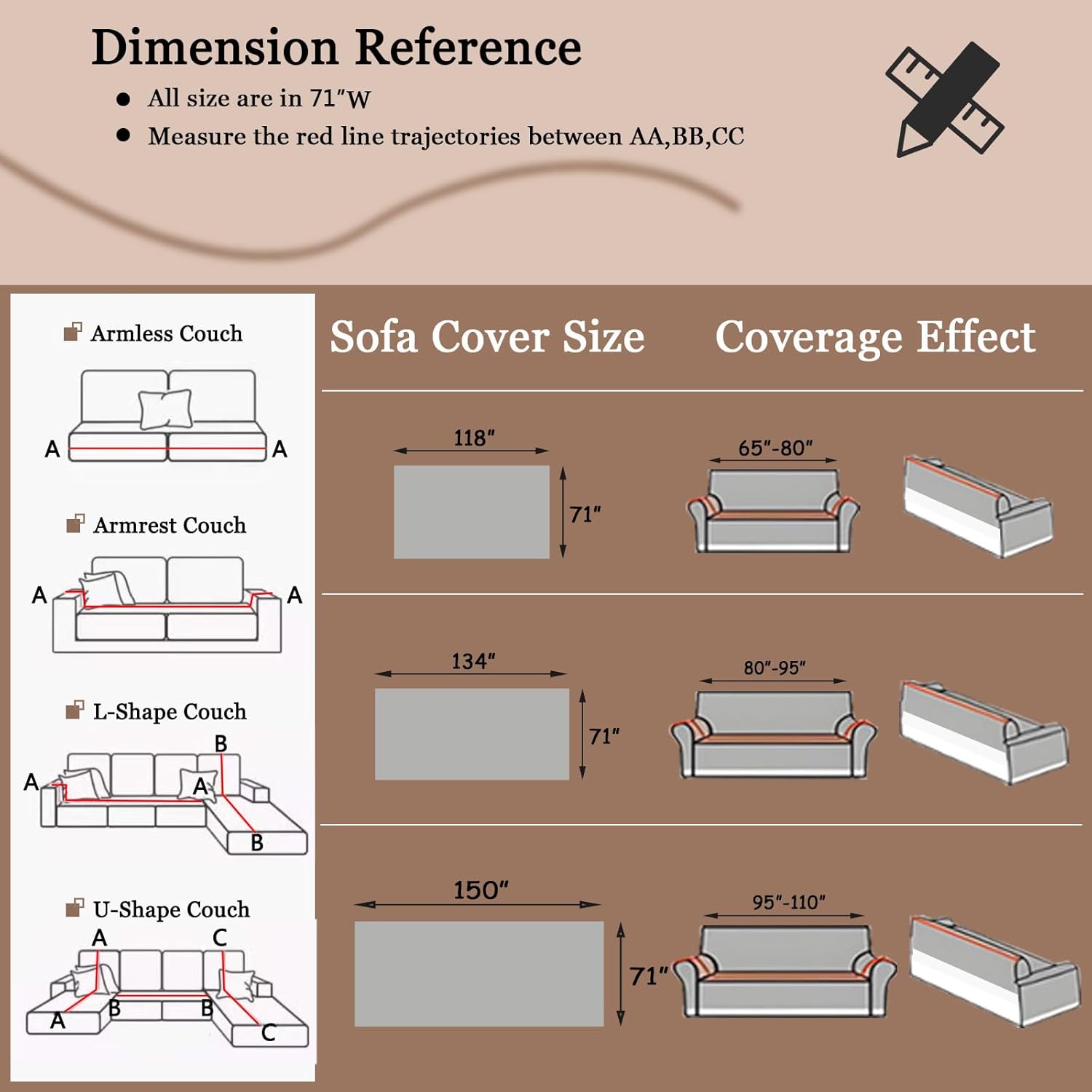DREAMINGO Couch Cover Reversible Chenille 3 Seat Sofa Covers for Dogs Pets Beige Coffee Couch Protector for 3 Cushion Couch Sofa Vertical Stripe Jacquard Sofa Slipcover Sectional, 71"x134"