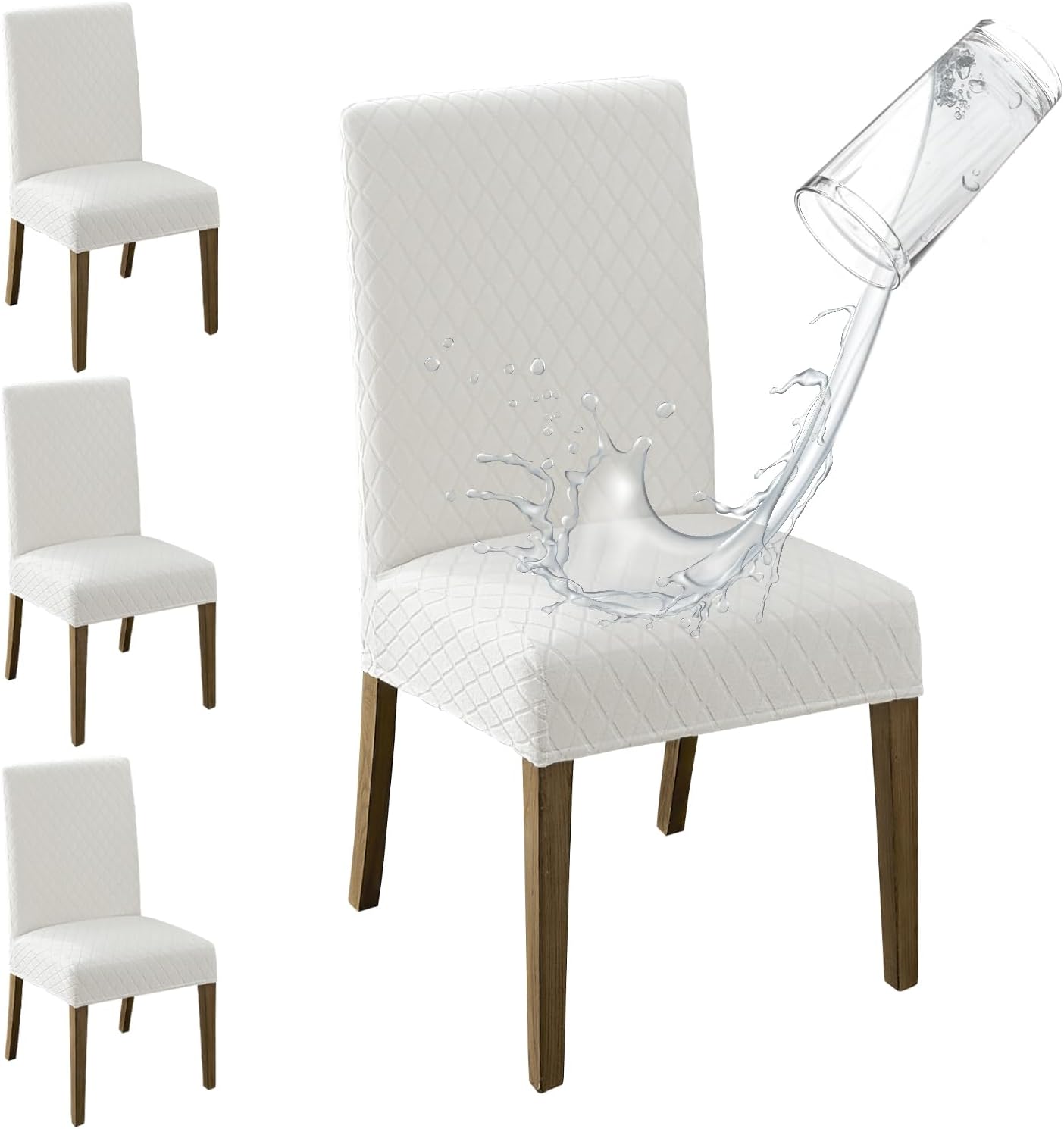 MOSAYT 100% Waterproof Dining Room Chair Covers Set of 4, Super Fit Stretch Jacquard Parson Chairs Slipcovers Removable Washable Chair Seat Protectors for Home, Kitchen, Banquet (Beige)