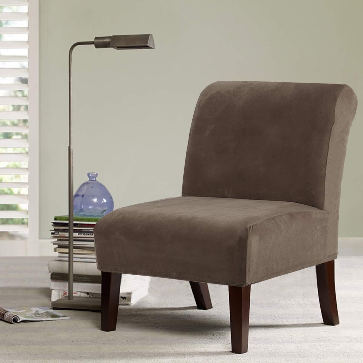 H.VERSAILTEX Armless Accent Chair Covers Thick Velvet Armless Chair Slipcovers High Stretch Chair Covers for Living Room Hotel Machine Washable Furniture Protector with Elastic Bottom, Ivory