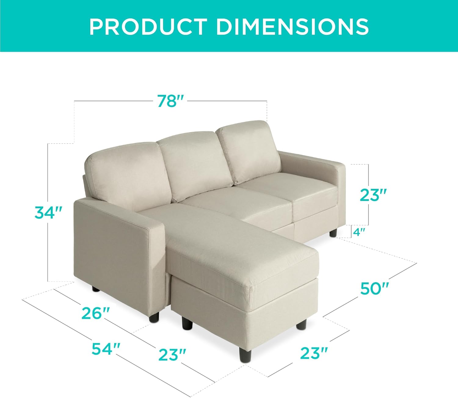 Best Choice Products Upholstered Sectional Sofa for Home, Apartment, Dorm, Bonus Room, Compact Spaces w/Chaise Lounge, 3-Seat, L-Shape Design, Reversible Ottoman Bench, 680lb Capacity - Light Gray