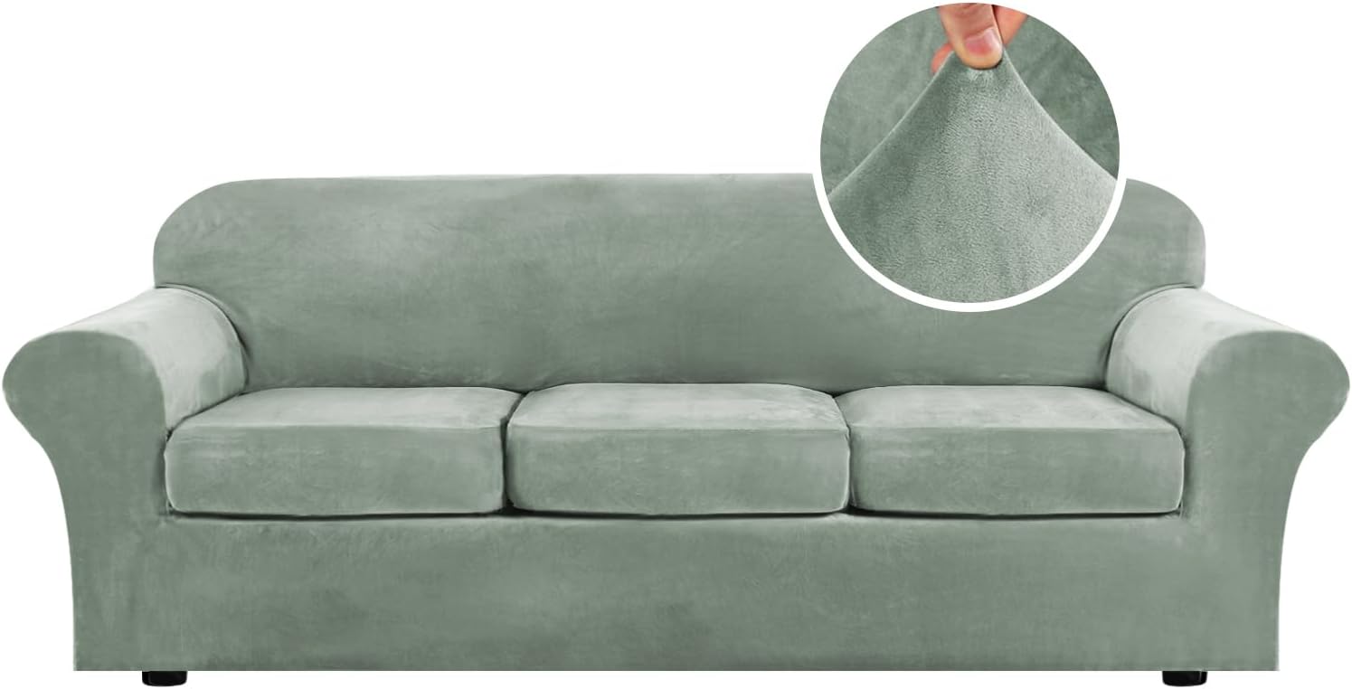 H.VERSAILTEX Rich Velvet Stretch 2 Piece Cover Chair Slipcover Sofa Cover Furniture Protector Couch Soft with Elastic Bottom Chair Couch Cover with Arms Width Up to 49 Inch(Chair, Ivory)