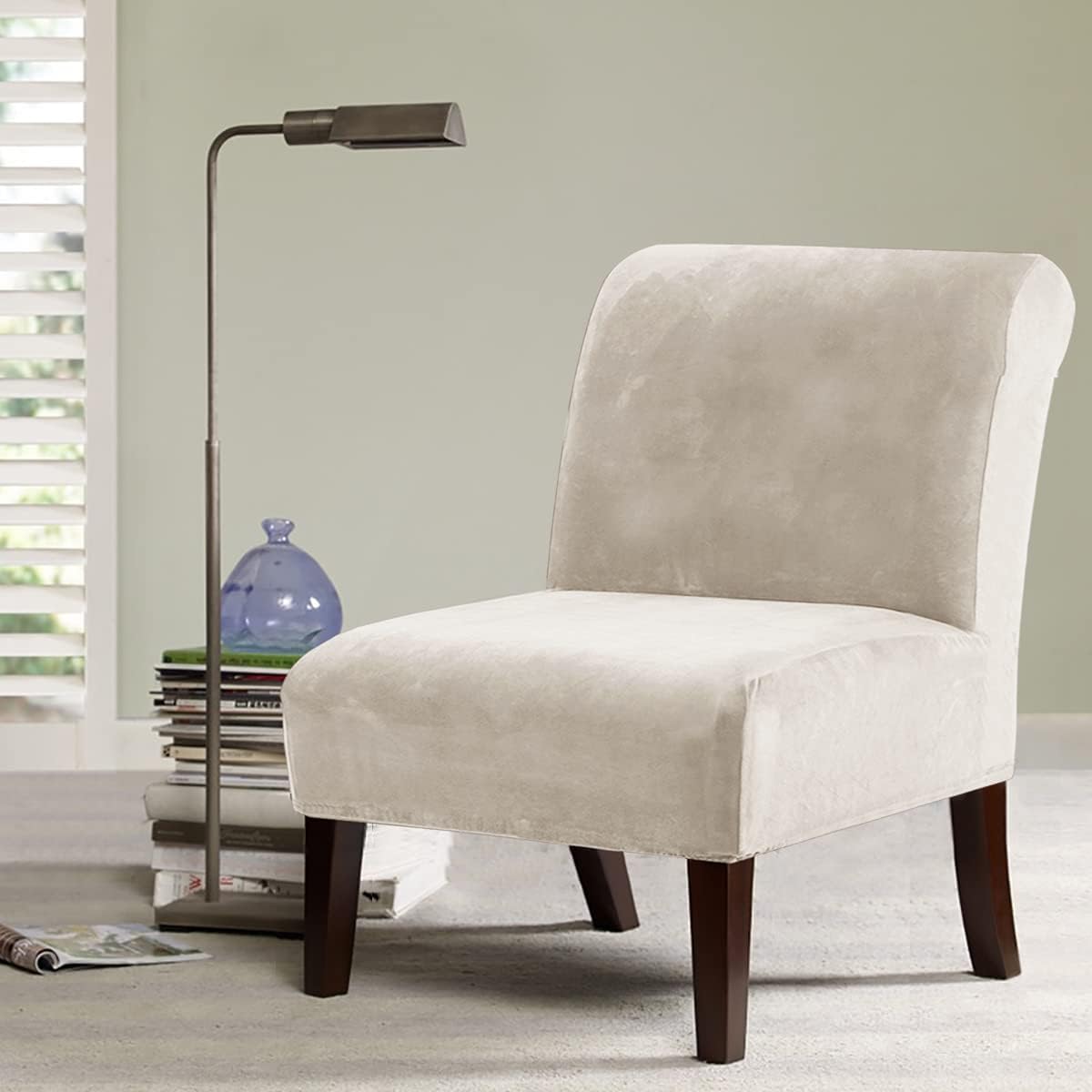 H.VERSAILTEX Armless Accent Chair Covers Thick Velvet Armless Chair Slipcovers High Stretch Chair Covers for Living Room Hotel Machine Washable Furniture Protector with Elastic Bottom, Ivory