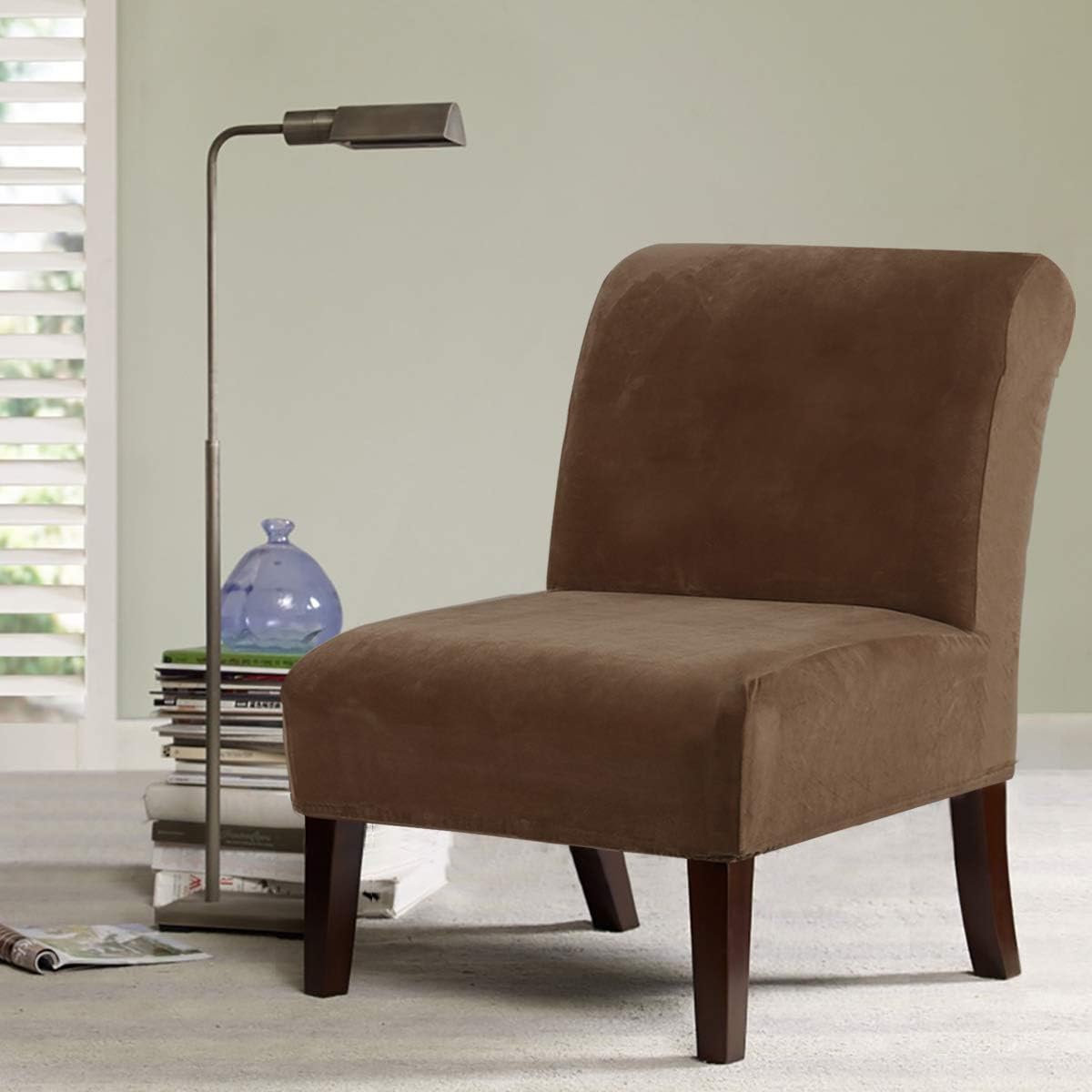 H.VERSAILTEX Armless Accent Chair Covers Thick Velvet Armless Chair Slipcovers High Stretch Chair Covers for Living Room Hotel Machine Washable Furniture Protector with Elastic Bottom, Ivory