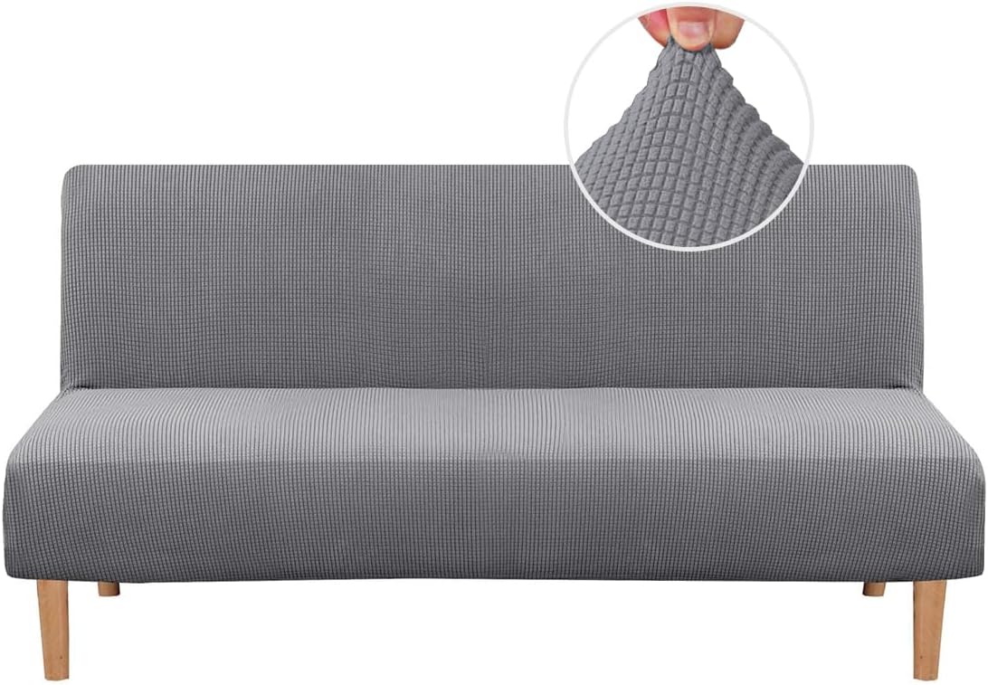 H.VERSAILTEX Armless Futon Cover Stretch Sofa Bed Slipcover Protector Elastic Feature Rich Textured High Spandex Small Checks Jacquard Fabric Futon Cover, Machine Washable, Gray