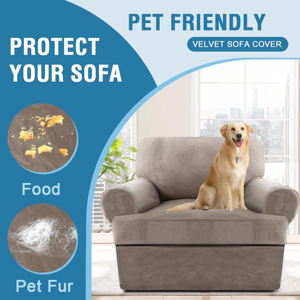 H.VERSAILTEX Sofa Cover 2 Piece T Cushion Armchair Slipcovers Thick Velvet Couch Cover Furniture Protector Stretch T Cushion Sofa Covers for 1 Cushion Couch with 1 Individual T Cushion Covers, Ivory