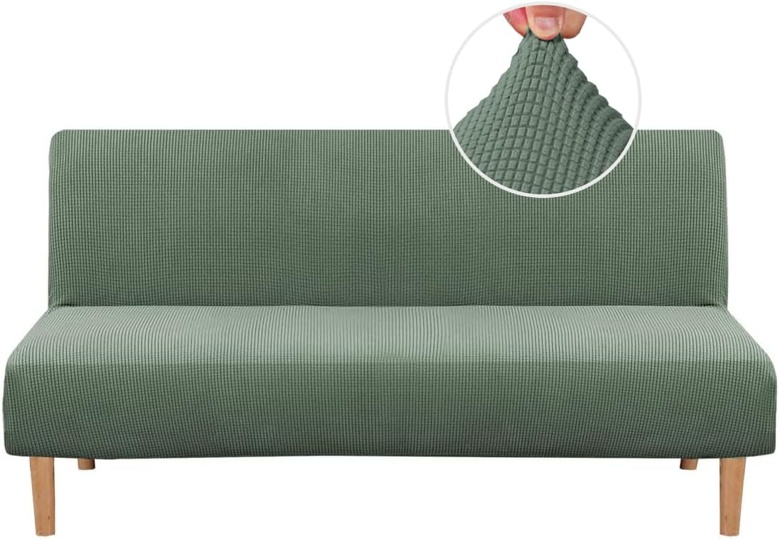 H.VERSAILTEX Armless Futon Cover Stretch Sofa Bed Slipcover Protector Elastic Feature Rich Textured High Spandex Small Checks Jacquard Fabric Futon Cover, Machine Washable, Sage