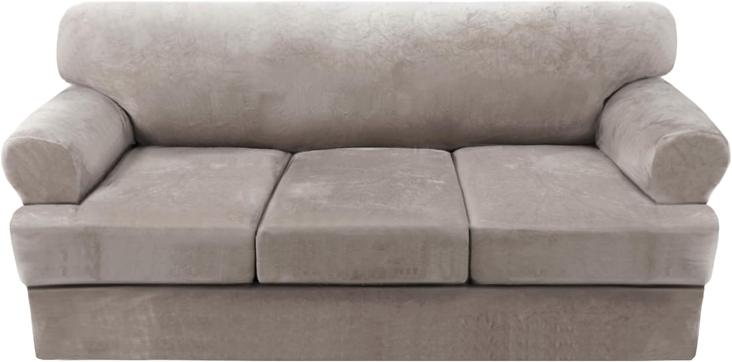 H.VERSAILTEX Sofa Cover 2 Piece T Cushion Armchair Slipcovers Thick Velvet Couch Cover Furniture Protector Stretch T Cushion Sofa Covers for 1 Cushion Couch with 1 Individual T Cushion Covers, Ivory