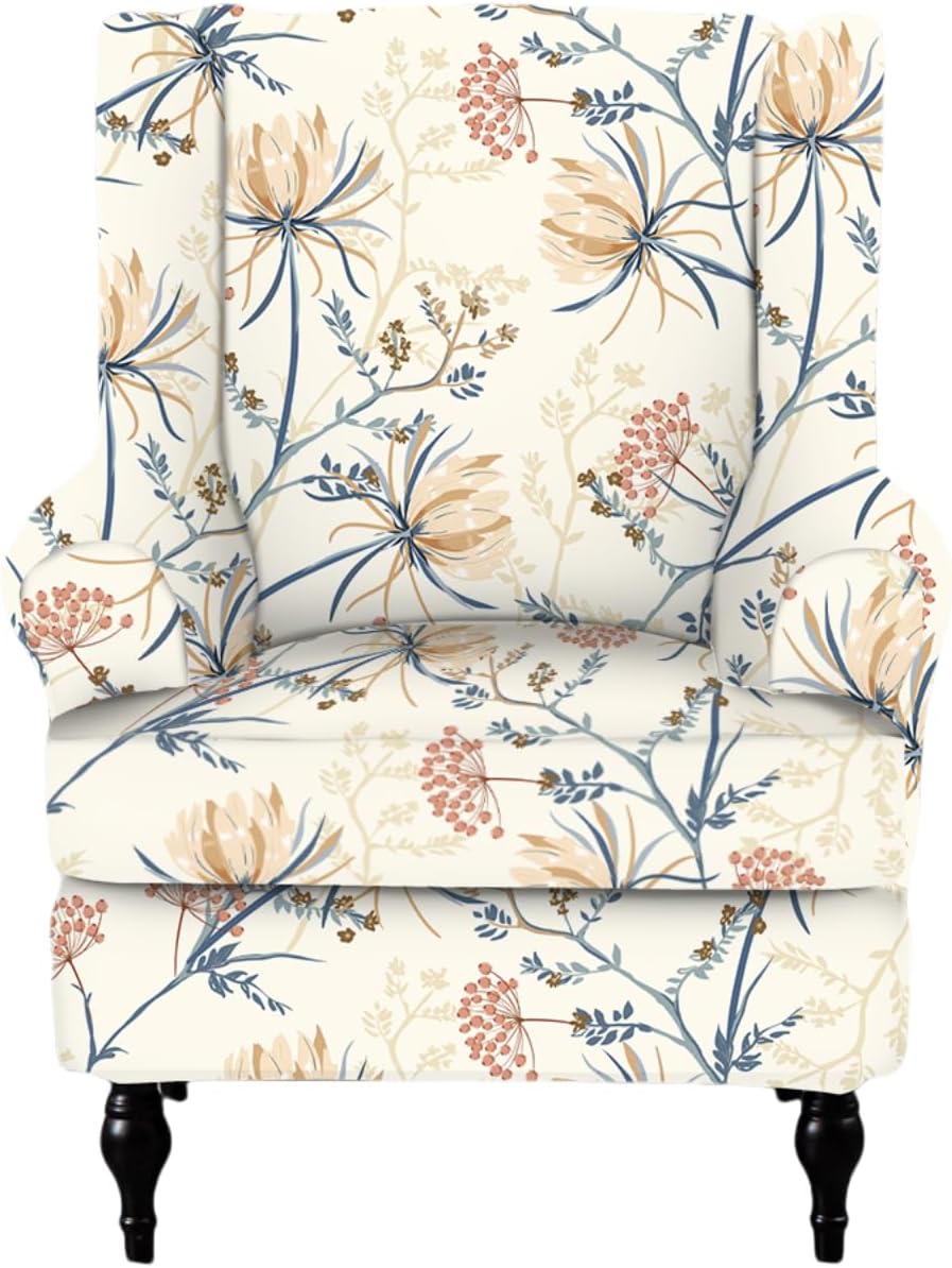 Wing Chair Slipcovers 2 Pieces Stretch Spandex Wingback Chair Covers Sofa Slipcover Printing Wingback Armchair Slipcovers Furniture Protector Couch Soft with Elastic Bottom for Wingback Chairs,12