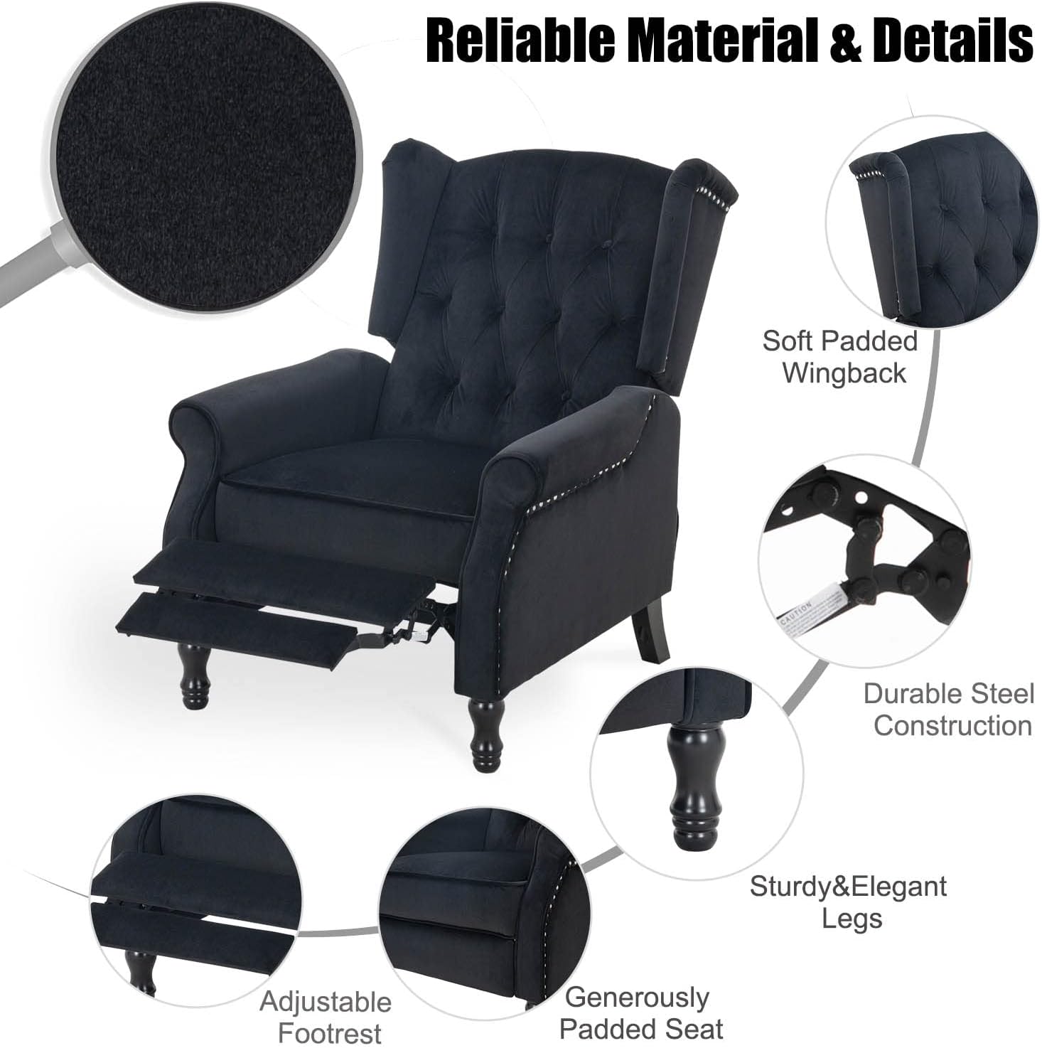 Velvet Accent Chair, Push Back Recliner Chair