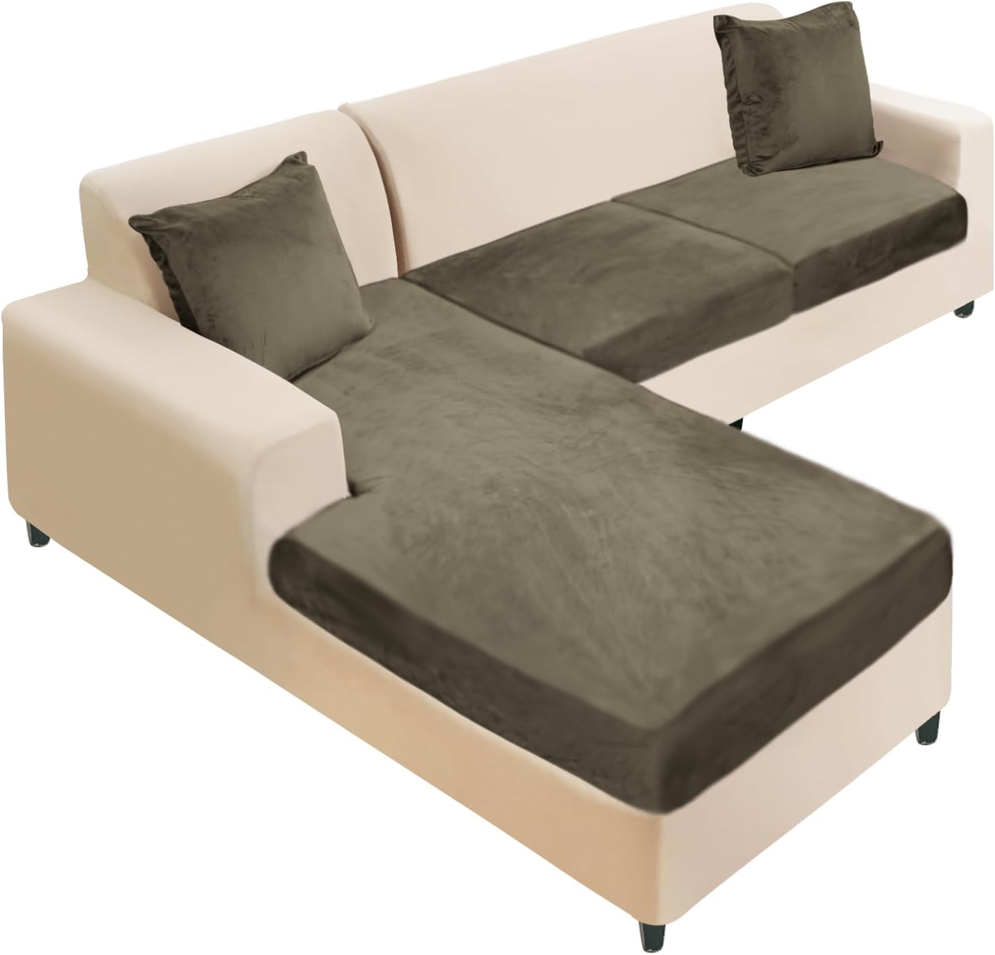 NAISI Sectional Couch Cover 4 Pieces Velvet Separate Couch Cushion Covers L Shape Soft Stretch Sofa Slipcovers with 2pcs Pillowcases for Left/Right Chaise Sectional Couch(3 Seater+1 Chaise,Dark Grey)