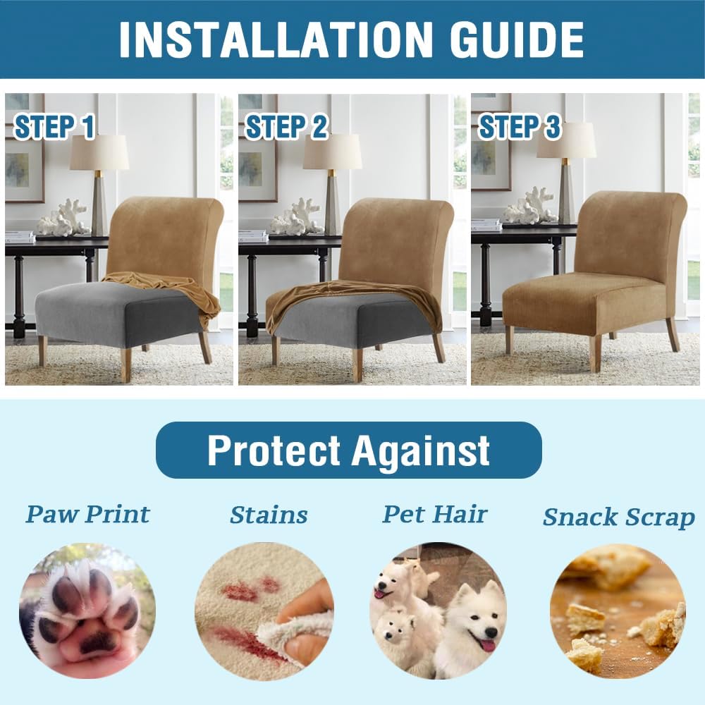 H.VERSAILTEX Armless Accent Chair Covers Thick Velvet Armless Chair Slipcovers High Stretch Chair Covers for Living Room Hotel Machine Washable Furniture Protector with Elastic Bottom, Ivory