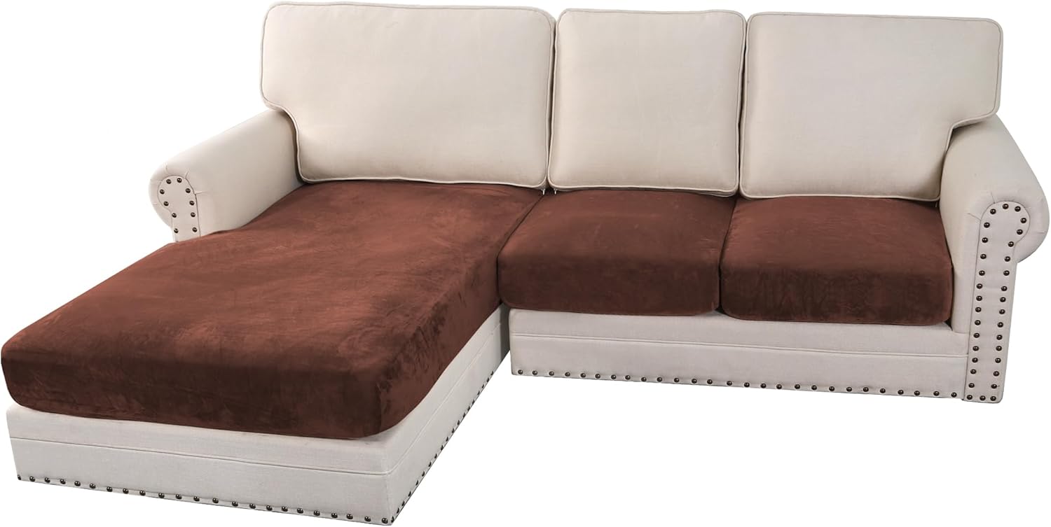 H.VERSAILTEX Velvet Stretch Couch Cushion Cover Plush Cushion Slipcover for Chair Loveseat Sofa Cushion Furniture Protector Seat Cushion Sofa Cover (3 Piece Sofa Cushion Covers, Ivory)