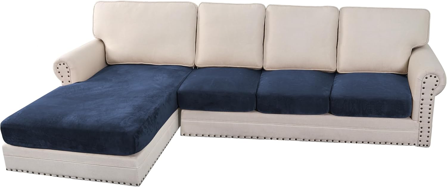 H.VERSAILTEX Velvet Stretch Couch Cushion Cover Plush Cushion Slipcover for Chair Loveseat Sofa Cushion Furniture Protector Seat Cushion Sofa Cover (3 Piece Sofa Cushion Covers, Ivory)