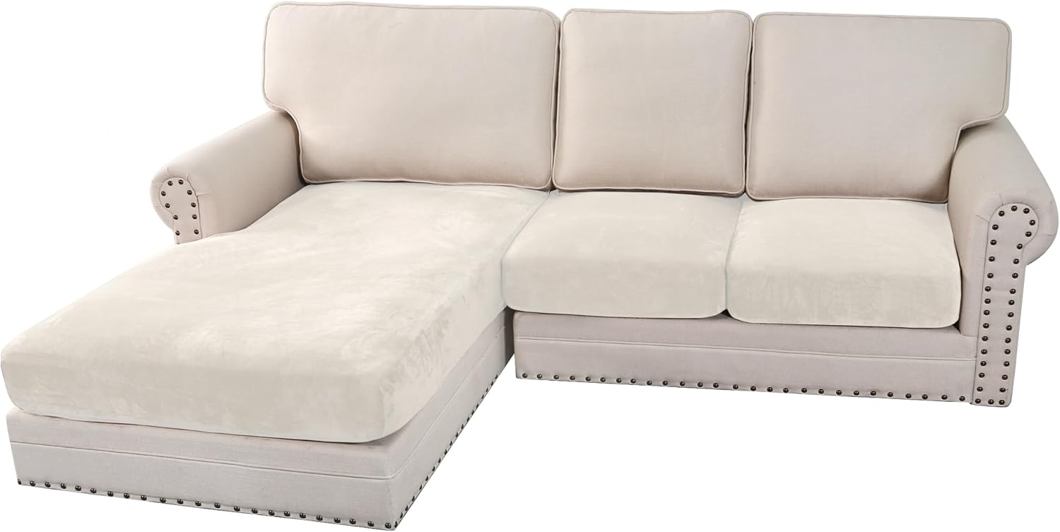 H.VERSAILTEX Velvet Stretch Couch Cushion Cover Plush Cushion Slipcover for Chair Loveseat Sofa Cushion Furniture Protector Seat Cushion Sofa Cover (3 Piece Sofa Cushion Covers, Ivory)
