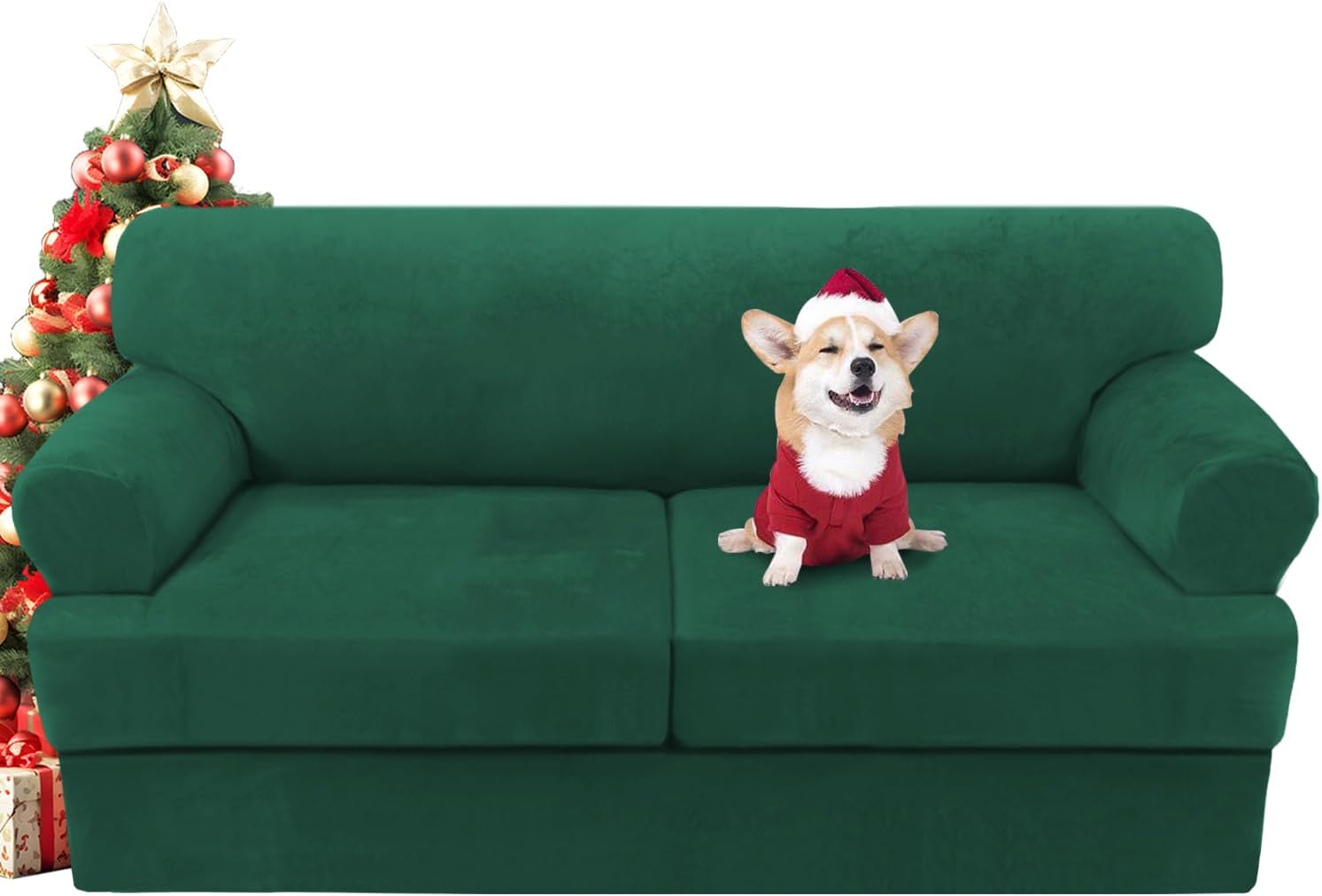 H.VERSAILTEX Sofa Cover 2 Piece T Cushion Armchair Slipcovers Thick Velvet Couch Cover Furniture Protector Stretch T Cushion Sofa Covers for 1 Cushion Couch with 1 Individual T Cushion Covers, Ivory