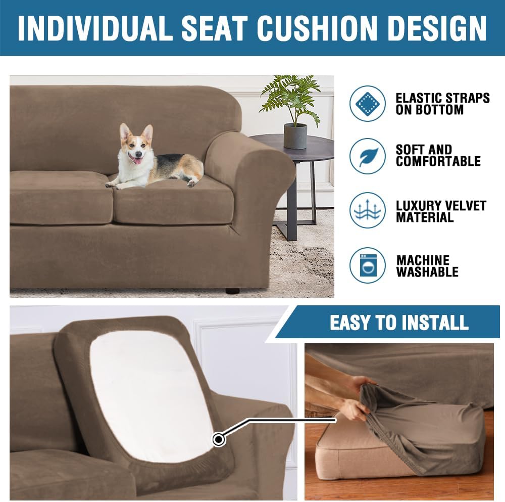 H.VERSAILTEX Rich Velvet Stretch 2 Piece Cover Chair Slipcover Sofa Cover Furniture Protector Couch Soft with Elastic Bottom Chair Couch Cover with Arms Width Up to 49 Inch(Chair, Ivory)