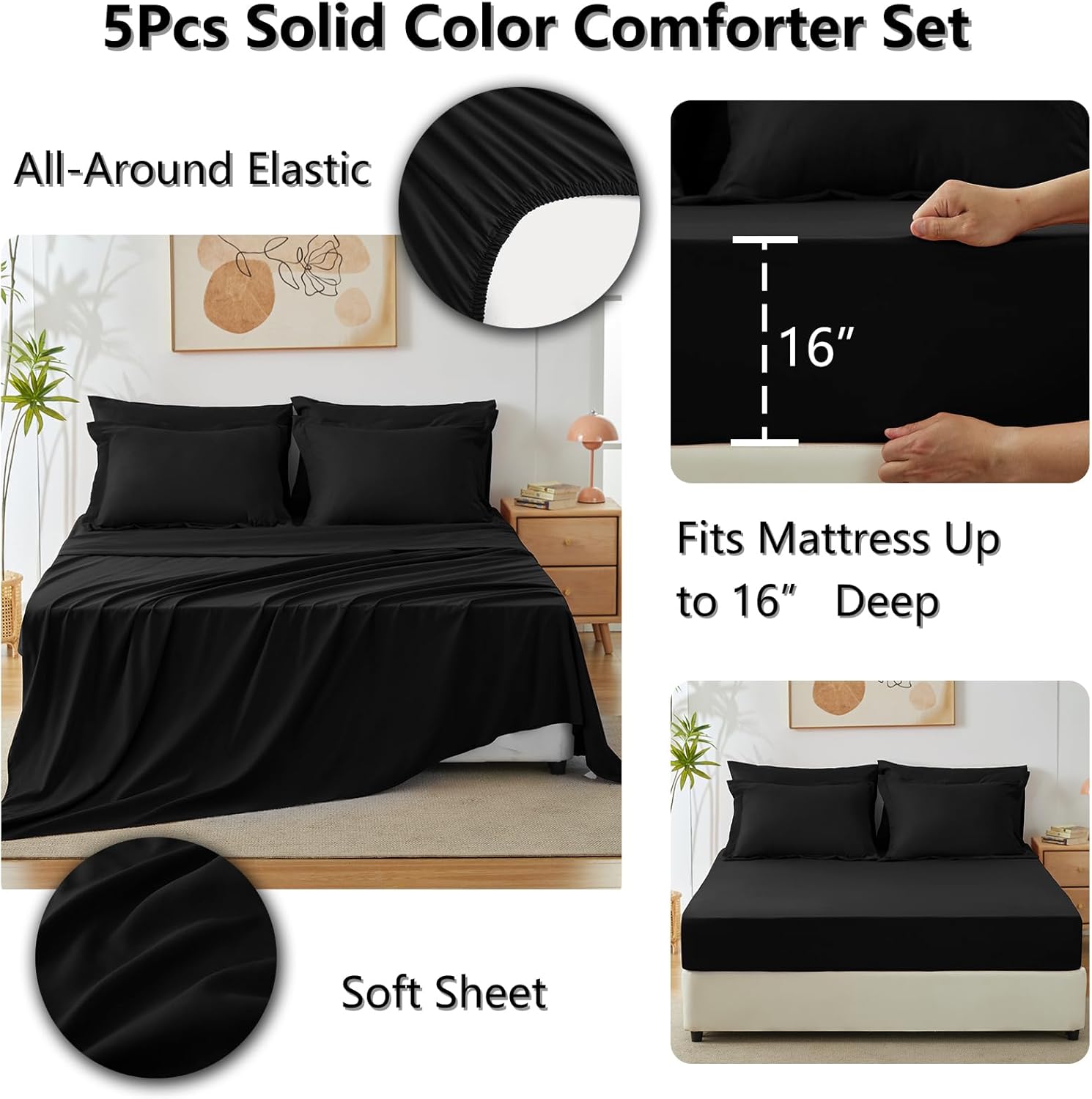 Queen Comforter Set Black, 7 Pieces