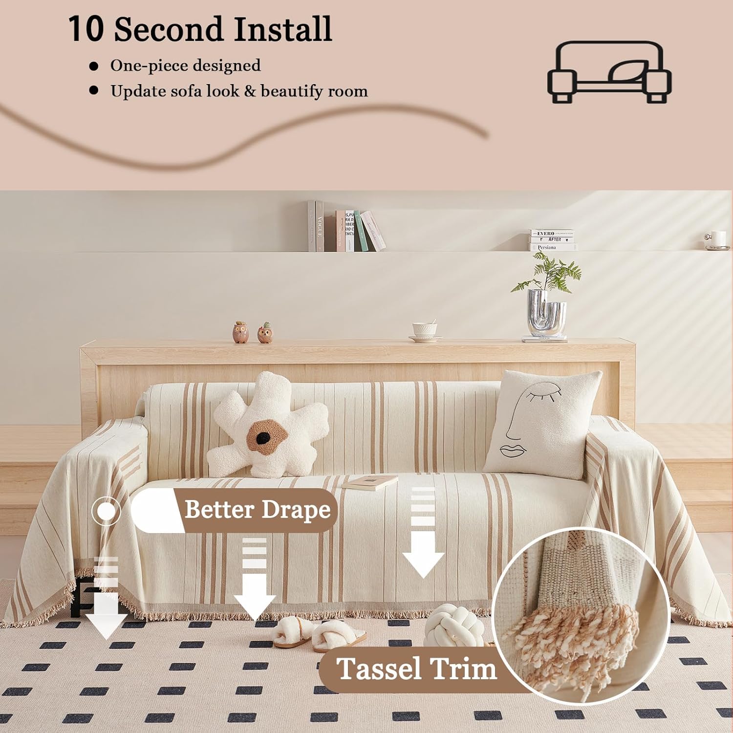 DREAMINGO Couch Cover Reversible Chenille 3 Seat Sofa Covers for Dogs Pets Beige Coffee Couch Protector for 3 Cushion Couch Sofa Vertical Stripe Jacquard Sofa Slipcover Sectional, 71"x134"