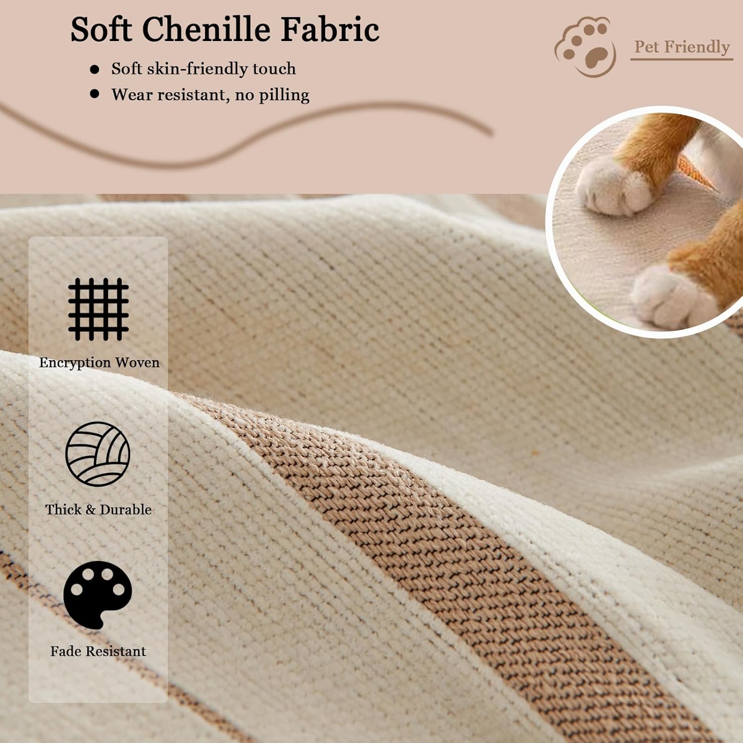 DREAMINGO Couch Cover Reversible Chenille 3 Seat Sofa Covers for Dogs Pets Beige Coffee Couch Protector for 3 Cushion Couch Sofa Vertical Stripe Jacquard Sofa Slipcover Sectional, 71"x134"