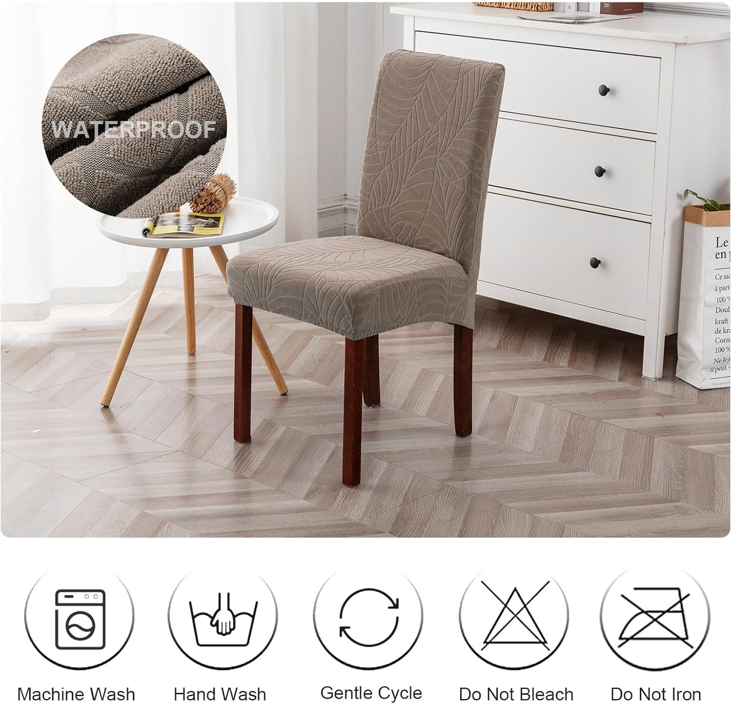 Genina 100% Waterproof Chair Covers for Dining Room Set of 4, Stretch Parson Chair Slipcovers for Kitchen Chairs, Washable Chair Protectors, Leaves-Warm Gray
