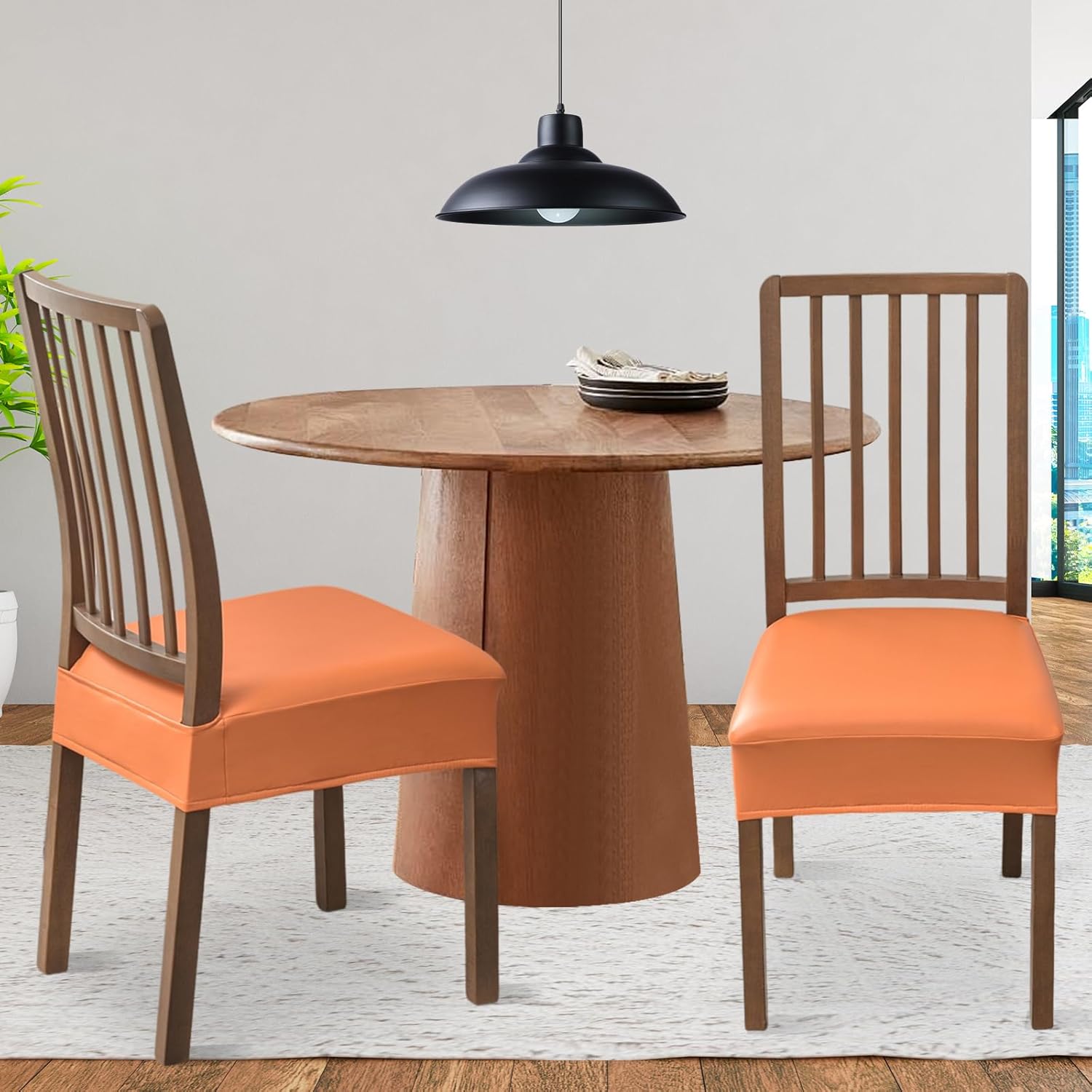 FUANGUI Dining Chair Covers Set of 4, Waterproof PU Leather Stretch Chair Seat Slipcovers Soft Removable Washable Chair Covers, Kitchen Chair Seat Covers Protectors Dining Room, PU-Black