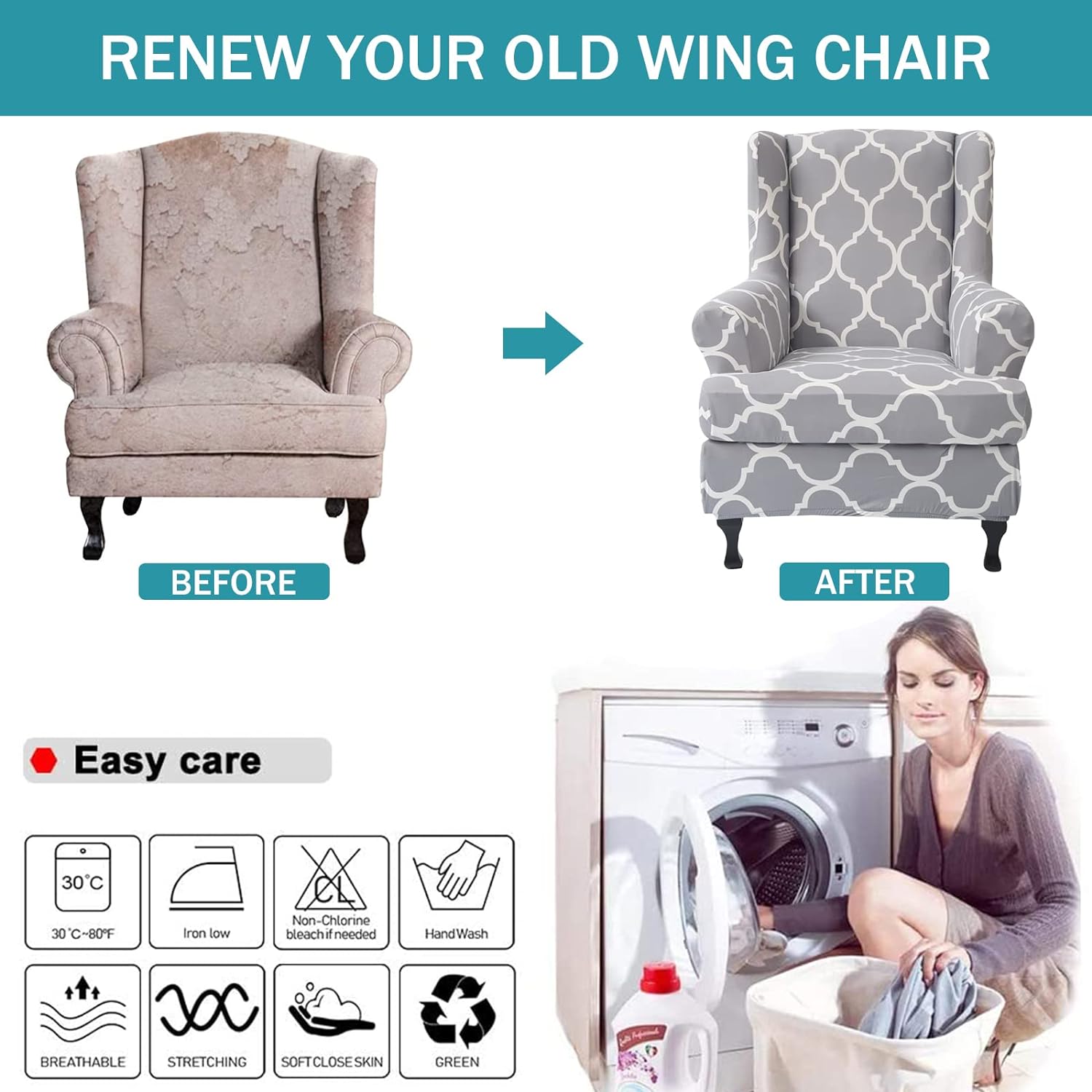 Wing Chair Slipcovers 2 Pieces Stretch Spandex Wingback Chair Covers Sofa Slipcover Printing Wingback Armchair Slipcovers Furniture Protector Couch Soft with Elastic Bottom for Wingback Chairs,12