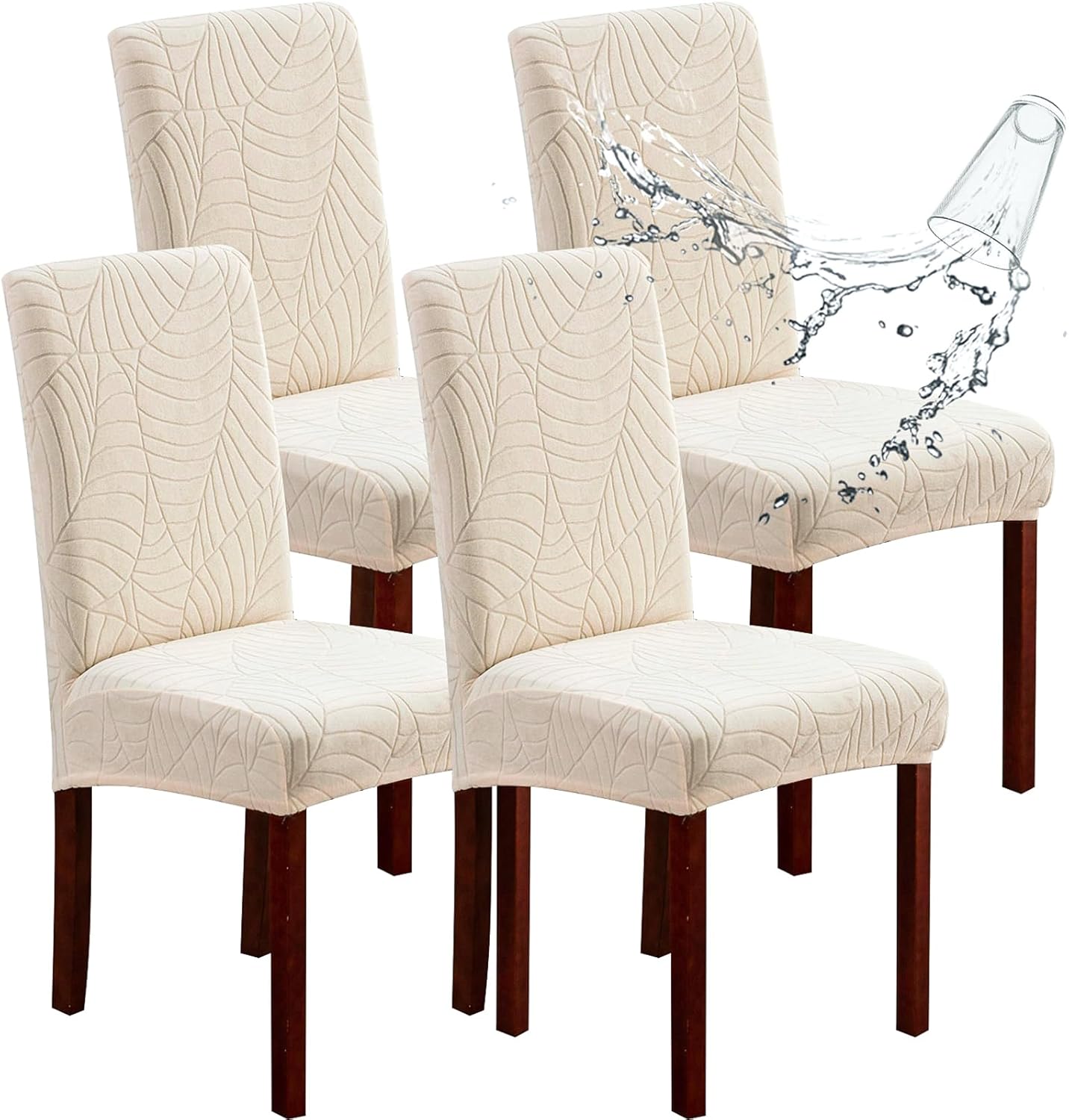Genina 100% Waterproof Chair Covers for Dining Room Set of 4, Stretch Parson Chair Slipcovers for Kitchen Chairs, Washable Chair Protectors, Leaves-Warm Gray