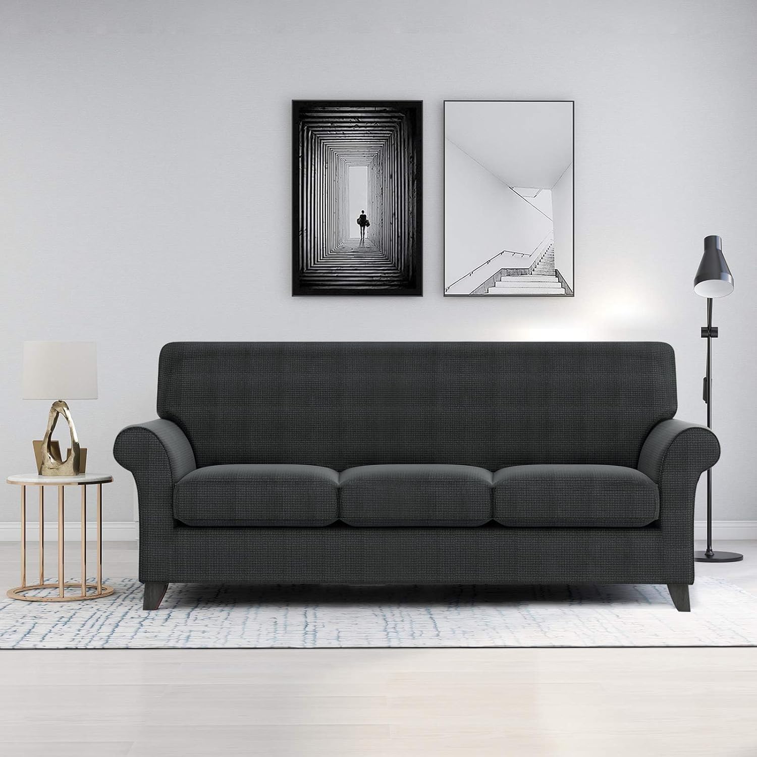 ZNSAYOTX 2 Piece Chair Covers for Living Room with Arms Anti Slip Stretch Arm Chair Slipcovers Sofa Armchair Slipcover Machine Washable Furniture Protector (Black and White, Chair)