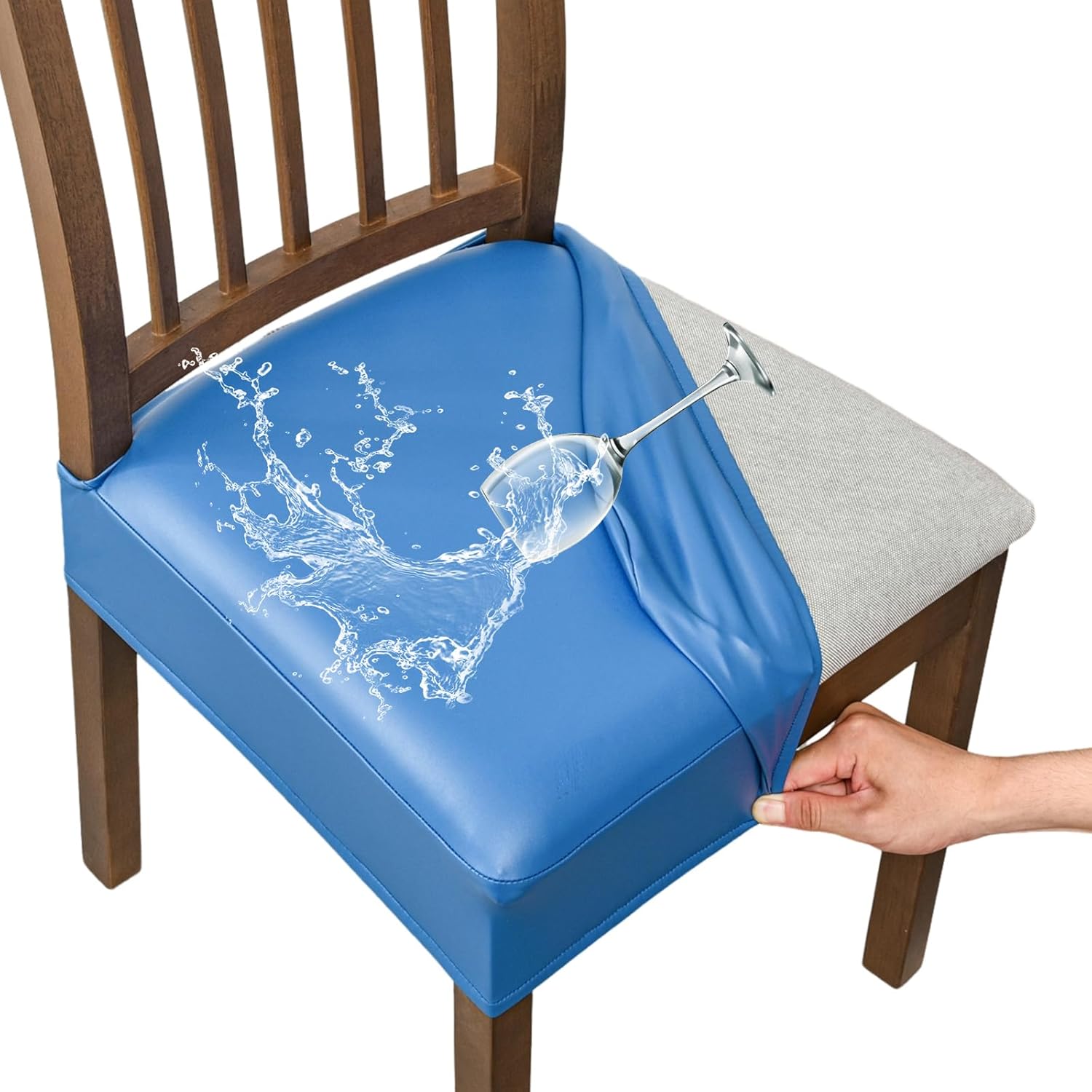 FUANGUI Dining Chair Covers Set of 4, Waterproof PU Leather Stretch Chair Seat Slipcovers Soft Removable Washable Chair Covers, Kitchen Chair Seat Covers Protectors Dining Room, PU-Black