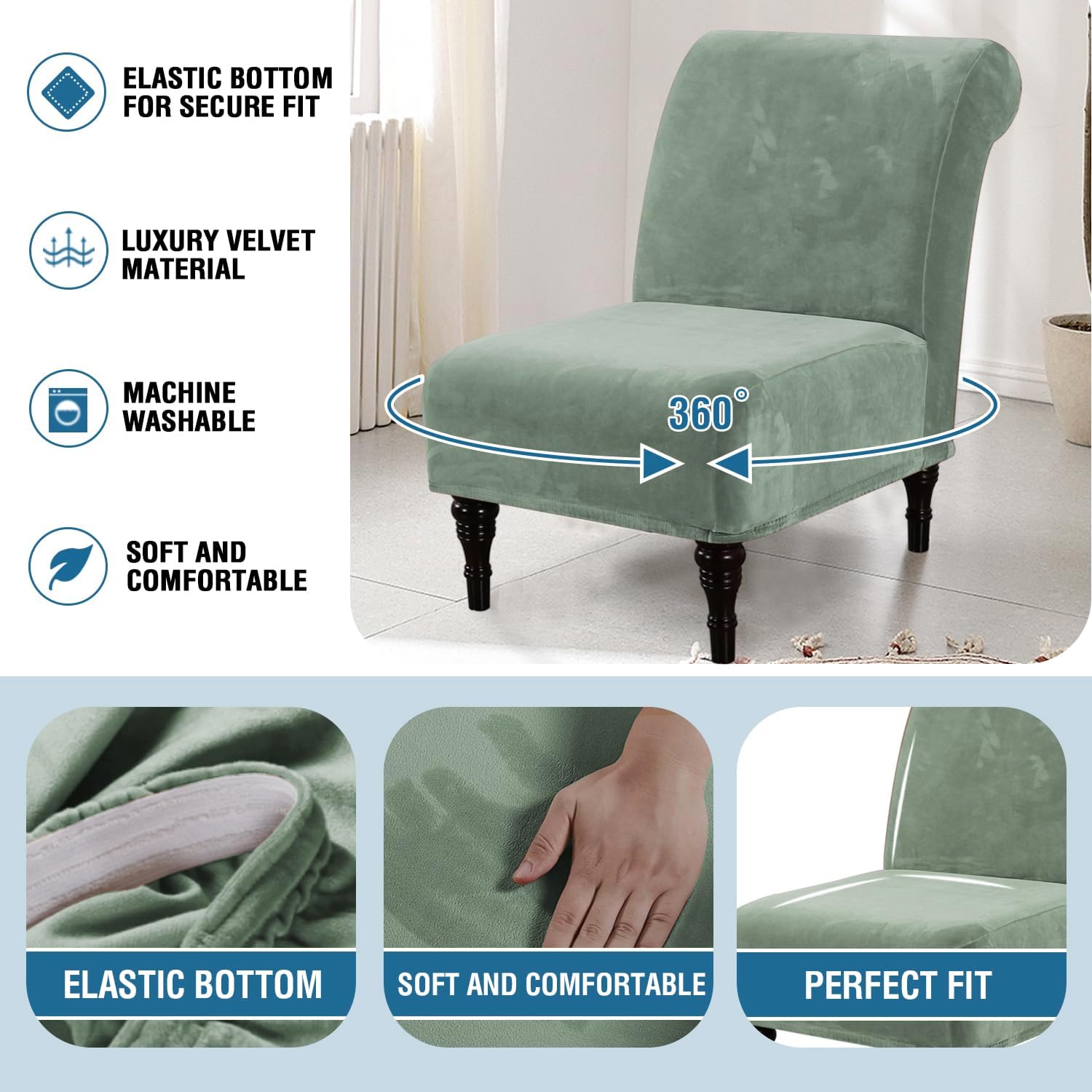 H.VERSAILTEX Armless Accent Chair Covers Thick Velvet Armless Chair Slipcovers High Stretch Chair Covers for Living Room Hotel Machine Washable Furniture Protector with Elastic Bottom, Ivory