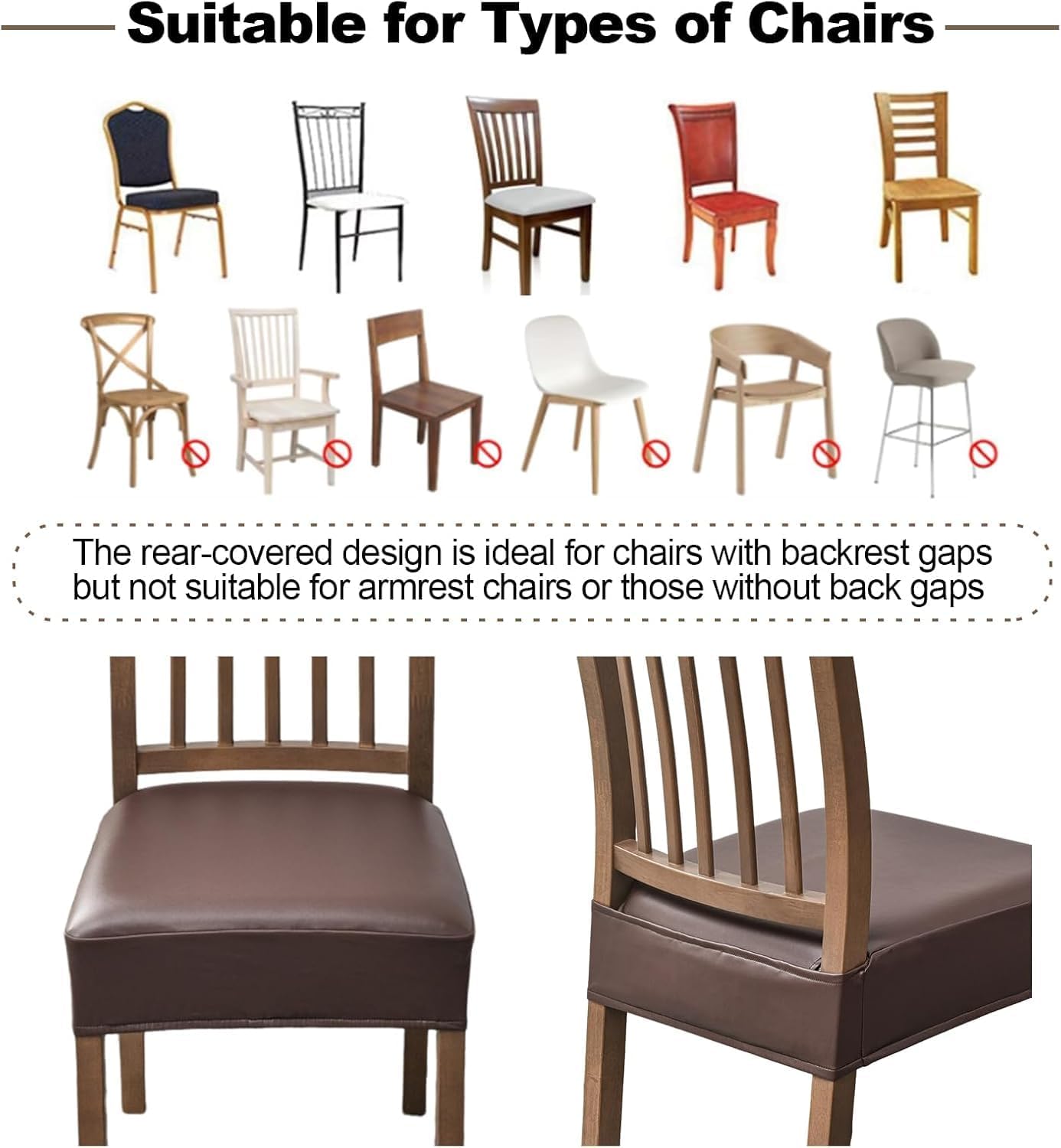 FUANGUI Dining Chair Covers Set of 4, Waterproof PU Leather Stretch Chair Seat Slipcovers Soft Removable Washable Chair Covers, Kitchen Chair Seat Covers Protectors Dining Room, PU-Black