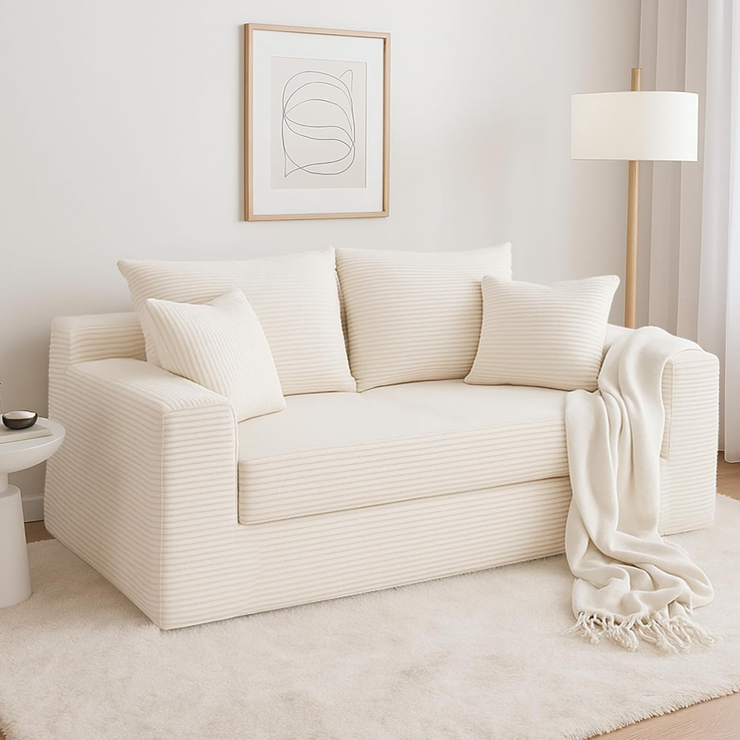 Convertible Sofa Bed, 3 in 1 Loveseat Folding Couch Bed Foldable - Chaise Lounge Chair & Floor Futon Sleeper, Corduroy Pull Out Sofa Bed with 4 Pillows for Living Room, Beige