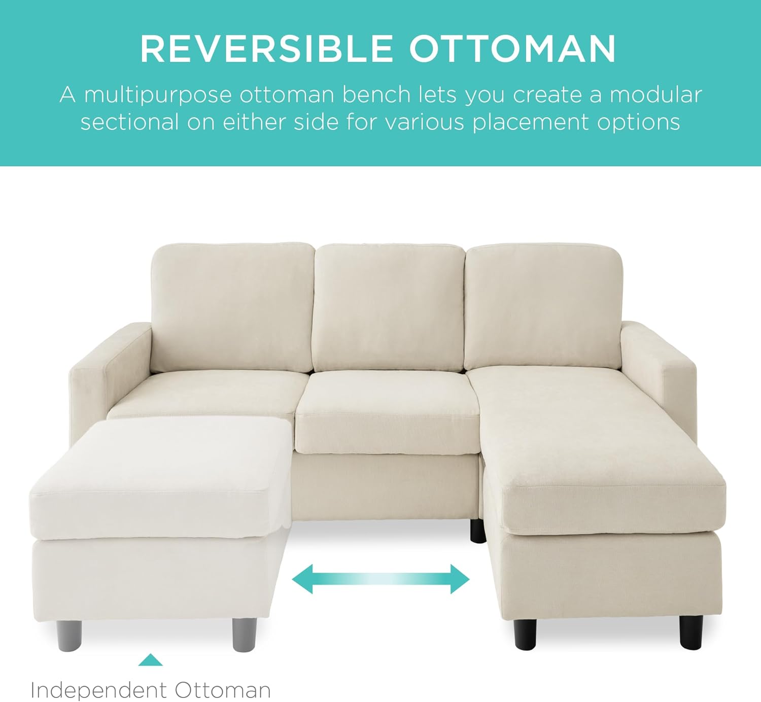 Best Choice Products Upholstered Sectional Sofa for Home, Apartment, Dorm, Bonus Room, Compact Spaces w/Chaise Lounge, 3-Seat, L-Shape Design, Reversible Ottoman Bench, 680lb Capacity - Light Gray