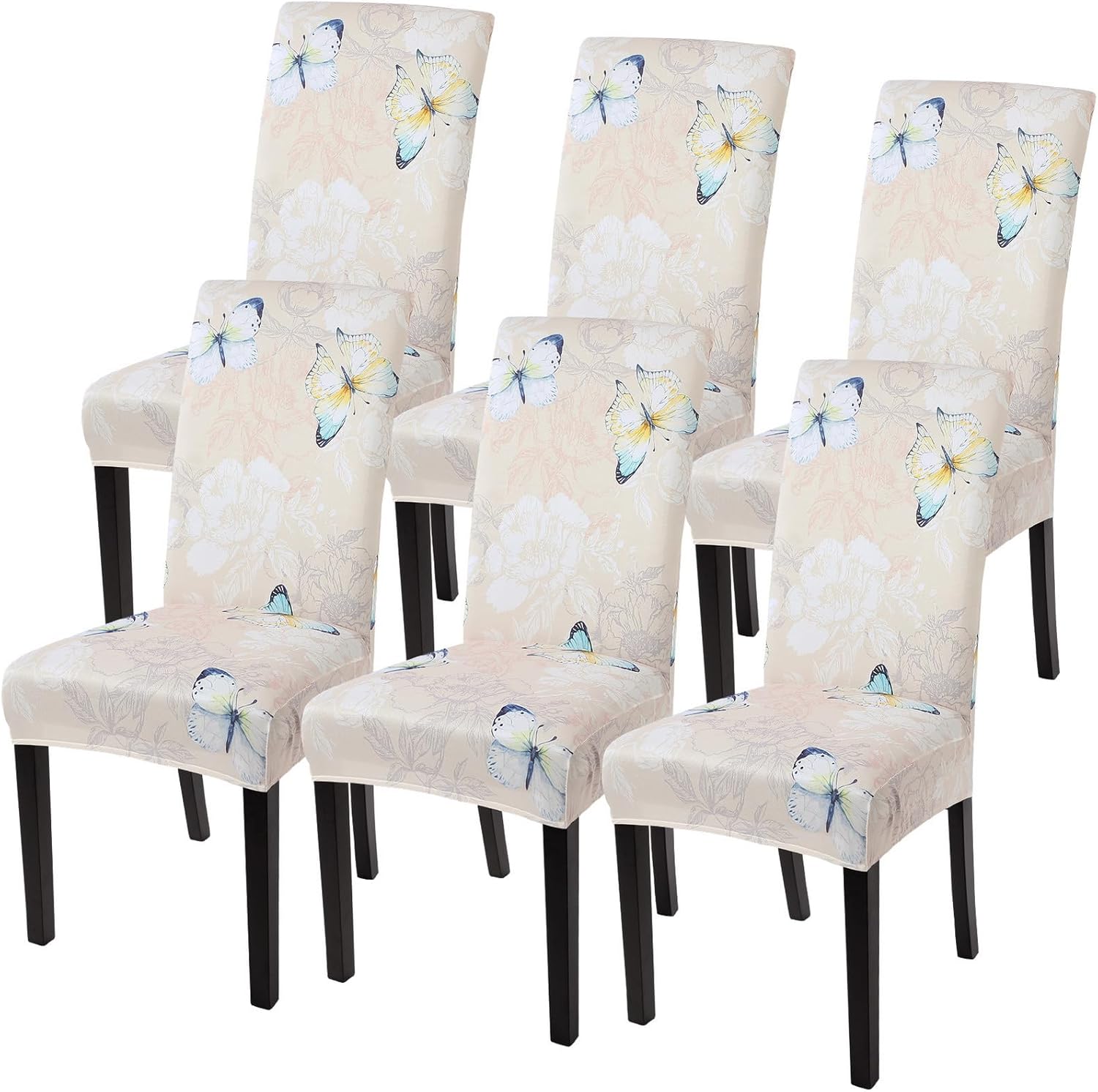 SearchI Chair Covers Slipcovers Set of 4, Spandex Super Fit Stretch Removable Washable Kitchen Parsons Protector for Dining Room,Hotel,Ceremony,Beige+Flowers