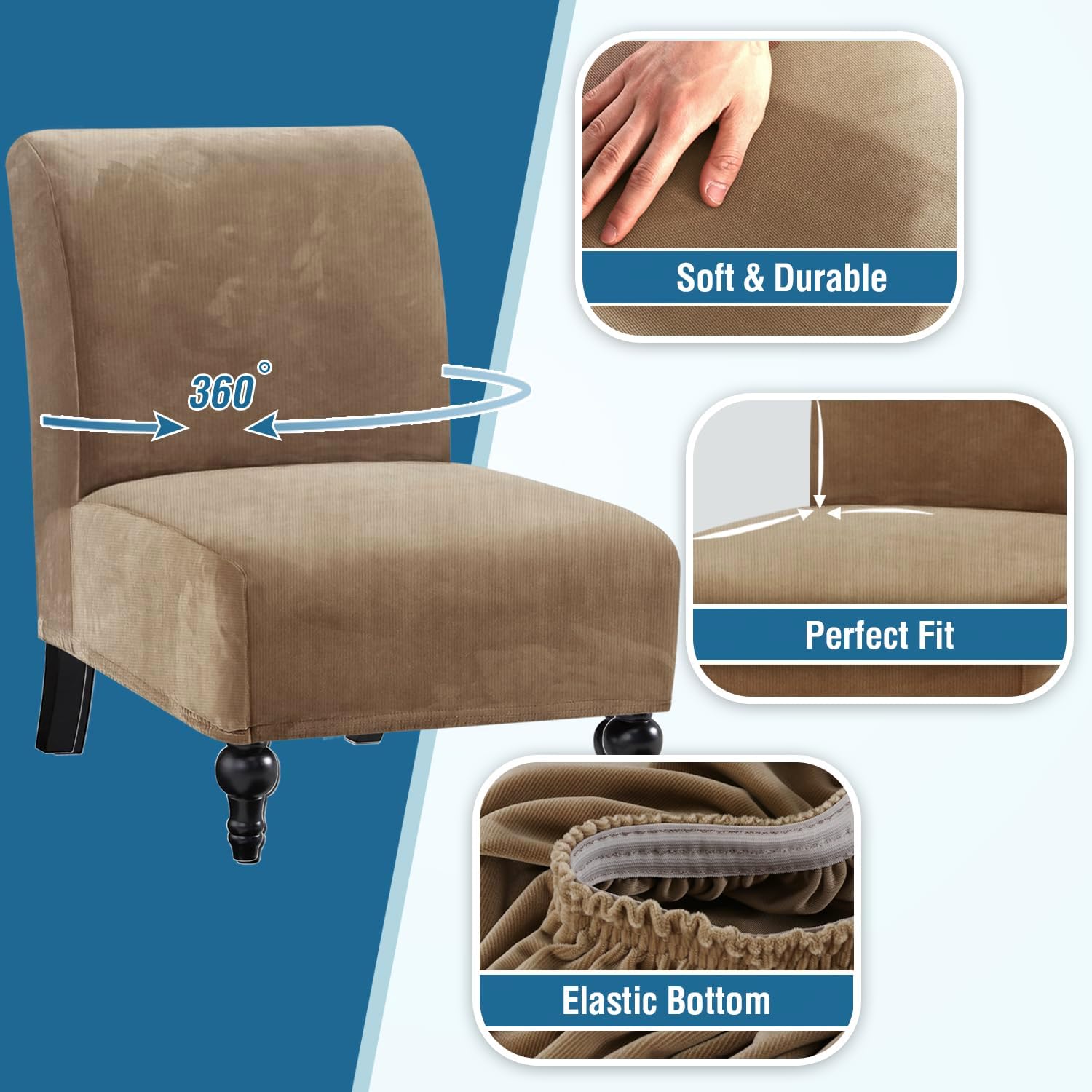 H.VERSAILTEX Armless Accent Chair Covers Thick Velvet Armless Chair Slipcovers High Stretch Chair Covers for Living Room Hotel Machine Washable Furniture Protector with Elastic Bottom, Ivory