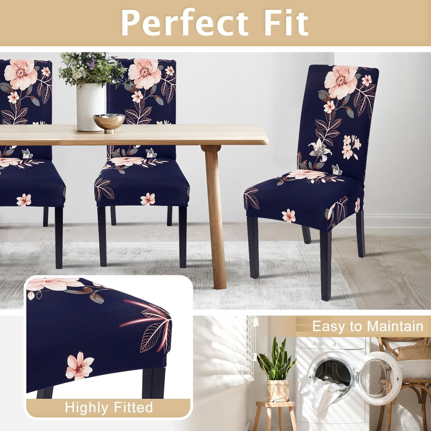SearchI Chair Covers Slipcovers Set of 4, Spandex Super Fit Stretch Removable Washable Kitchen Parsons Protector for Dining Room,Hotel,Ceremony,Beige+Flowers