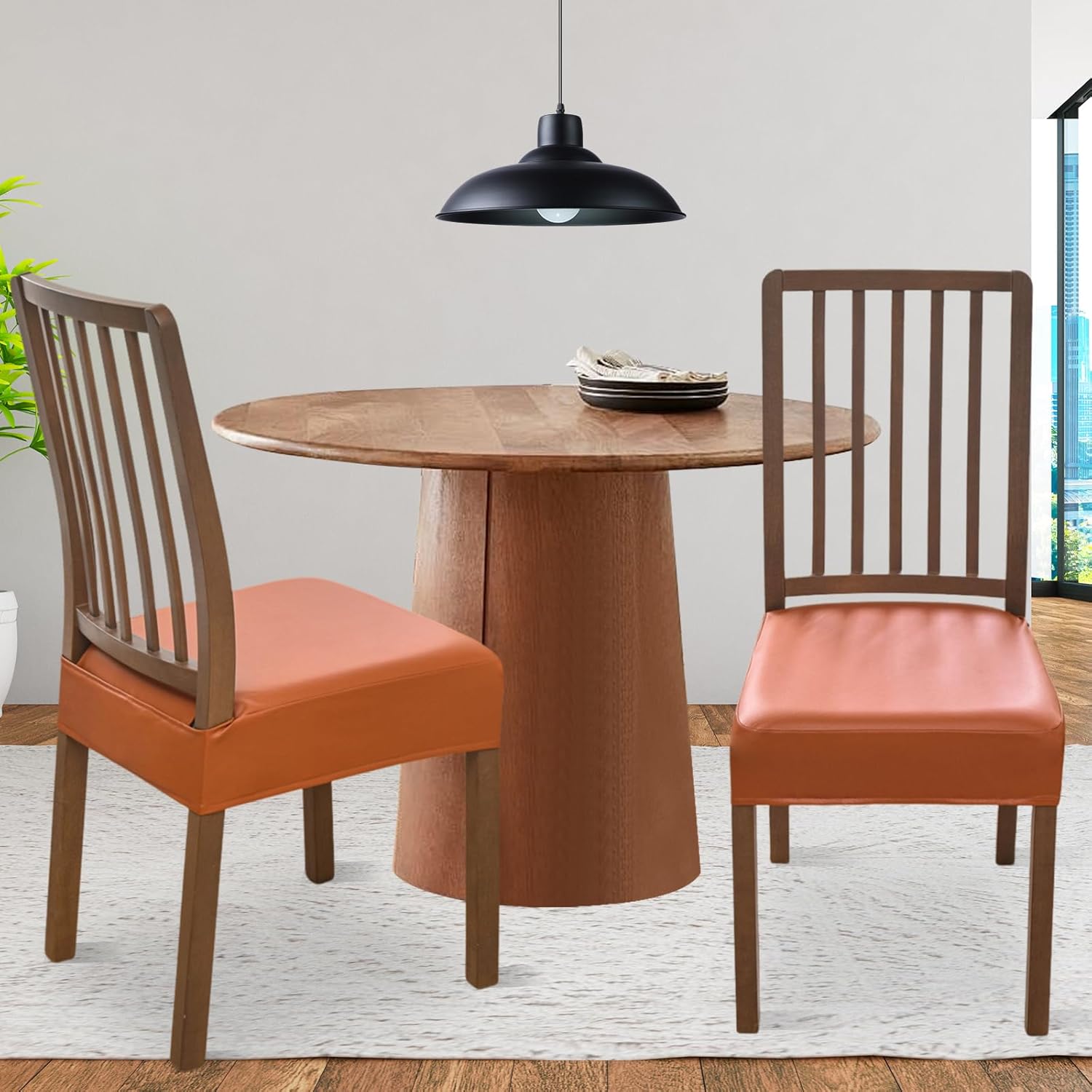 FUANGUI Dining Chair Covers Set of 4, Waterproof PU Leather Stretch Chair Seat Slipcovers Soft Removable Washable Chair Covers, Kitchen Chair Seat Covers Protectors Dining Room, PU-Black