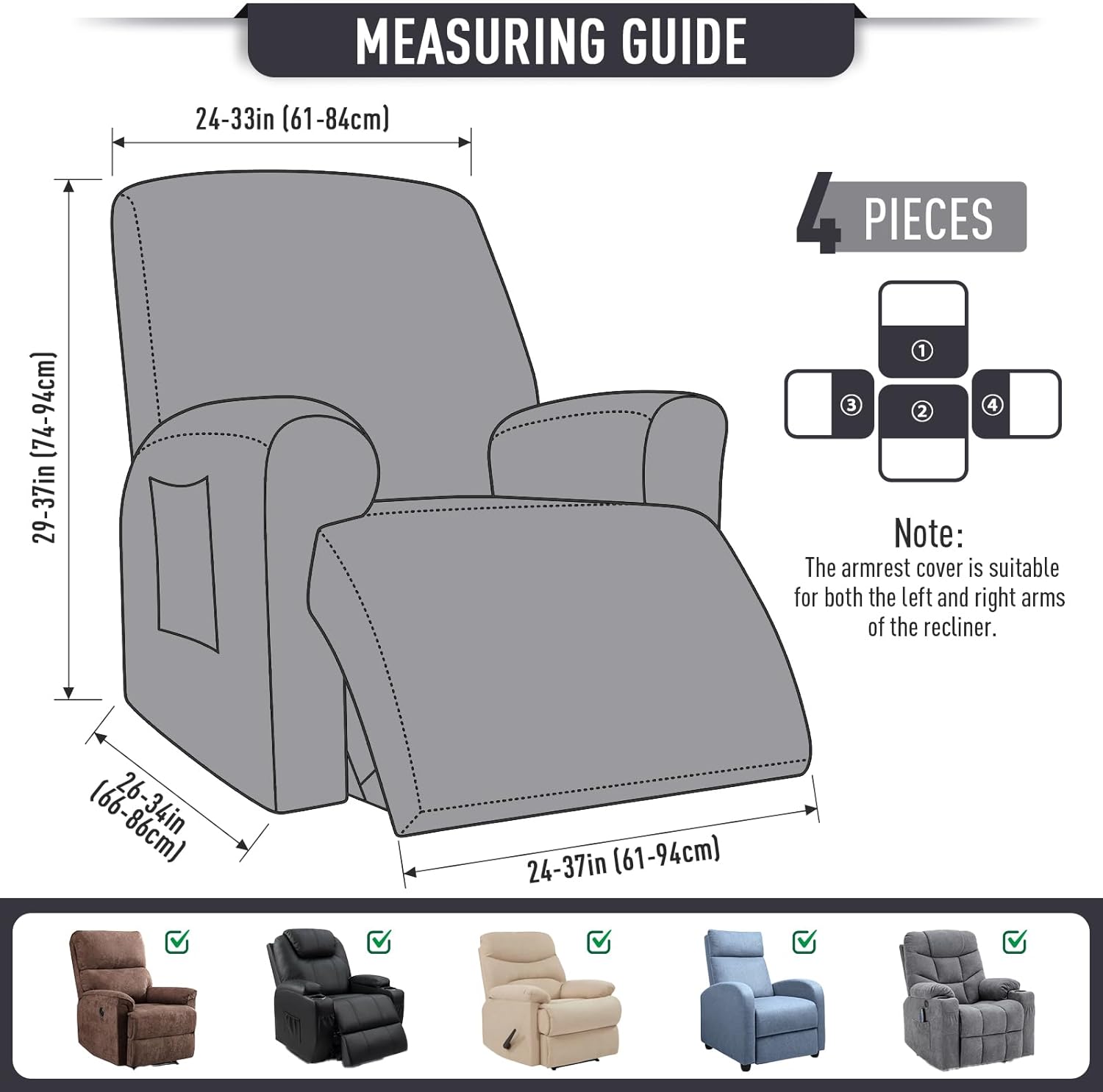 TAOCOCO Recliner Cover 4-Pieces, Recliner Stretch Sofa Slipcover, Recliner Cover 1 Seat, Couch Protector Soft, Furniture Protector Covers with Elastic,Chair Covers Jacquard Pattern (Grey)